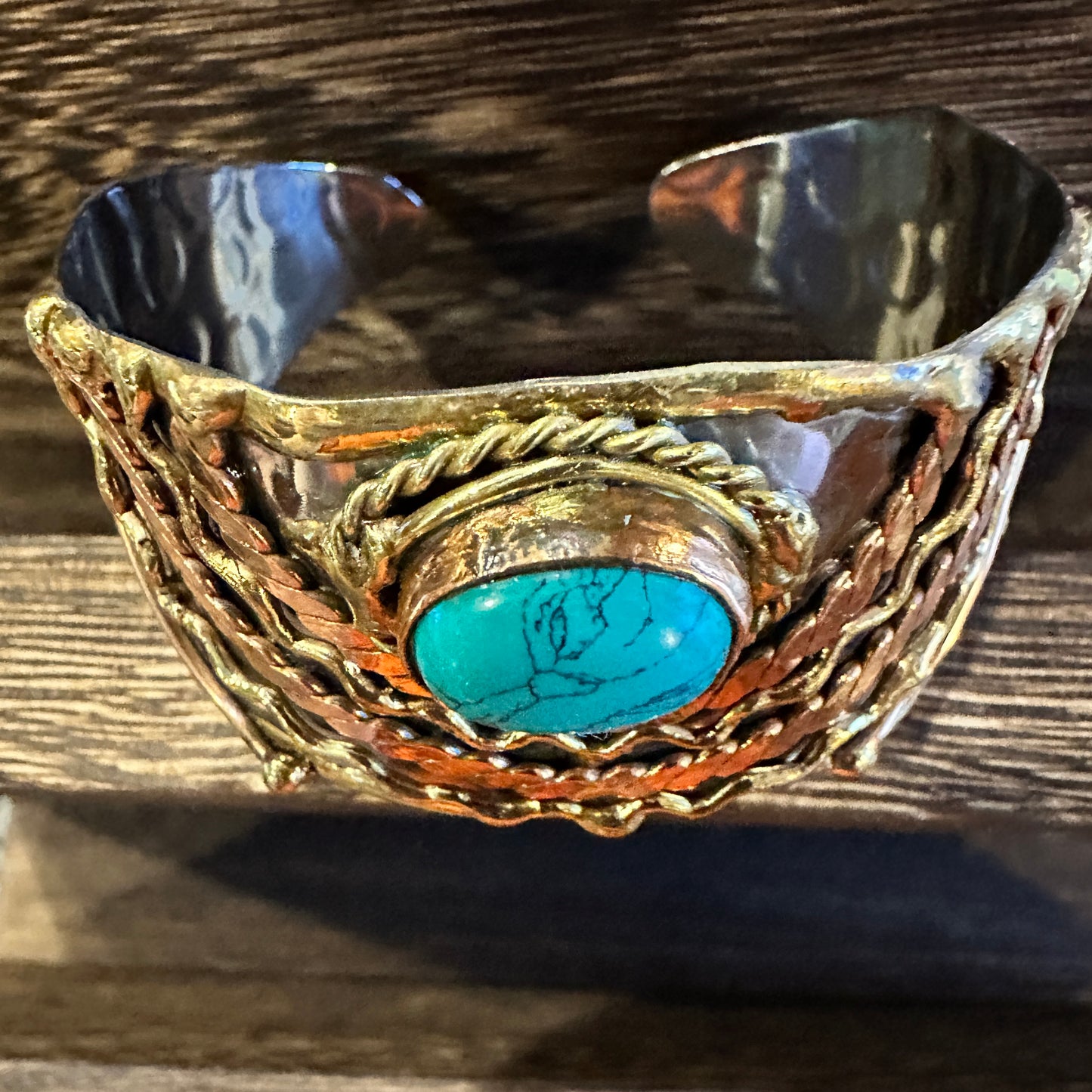 Turquoise Stone Cuff Bracelet - Handcrafted Adjustable Design in Mixed Metals, Gift Box Included Silver Elegant