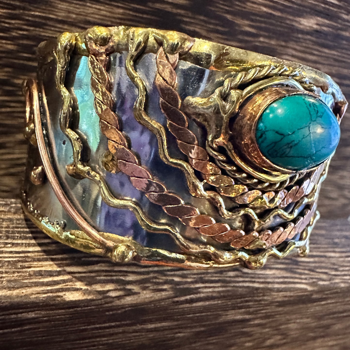 Turquoise Stone Cuff Bracelet - Handcrafted Adjustable Design in Mixed Metals, Gift Box Included Silver Elegant