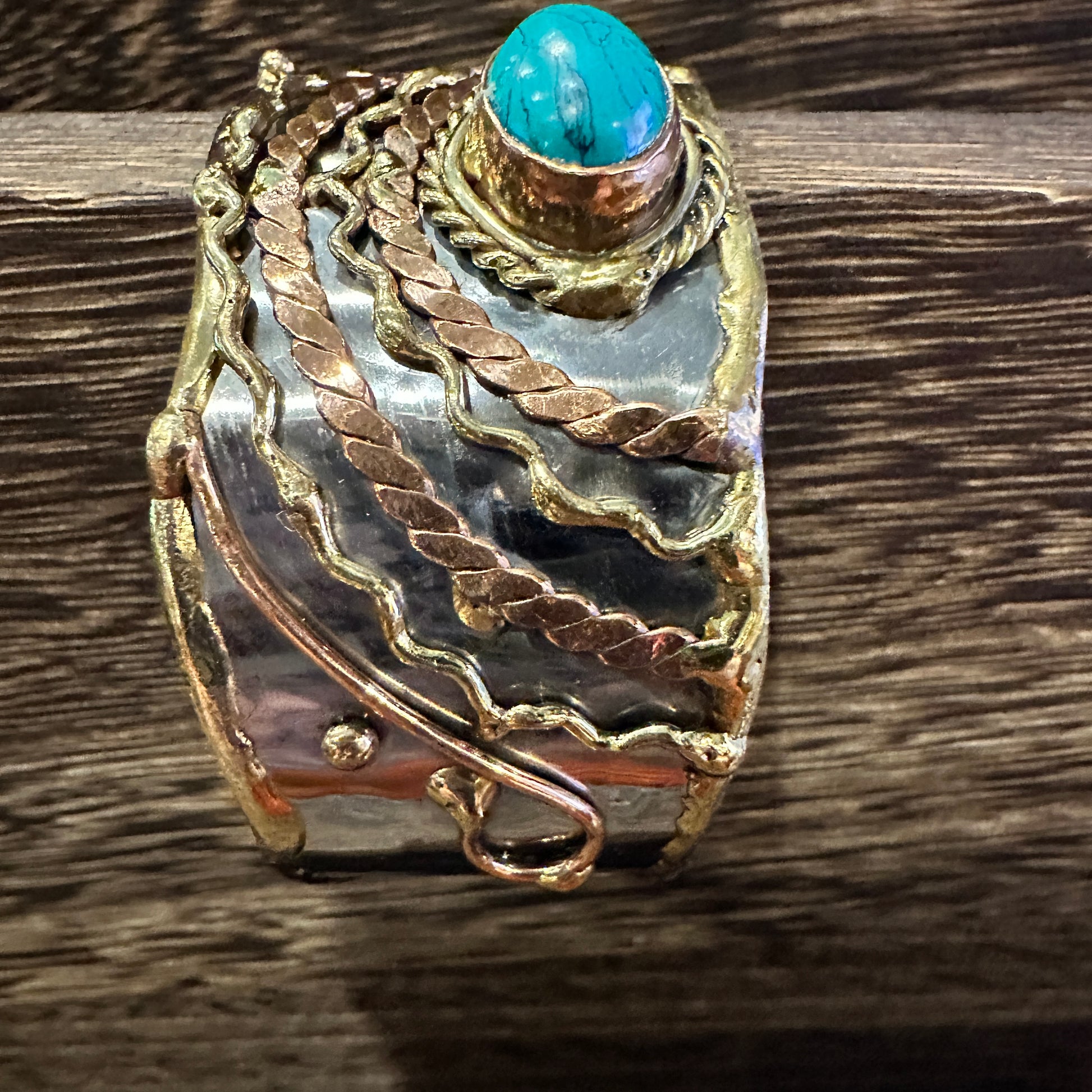 Turquoise Stone Cuff Bracelet - Handcrafted Adjustable Design in Mixed Metals, Gift Box Included Silver Elegant