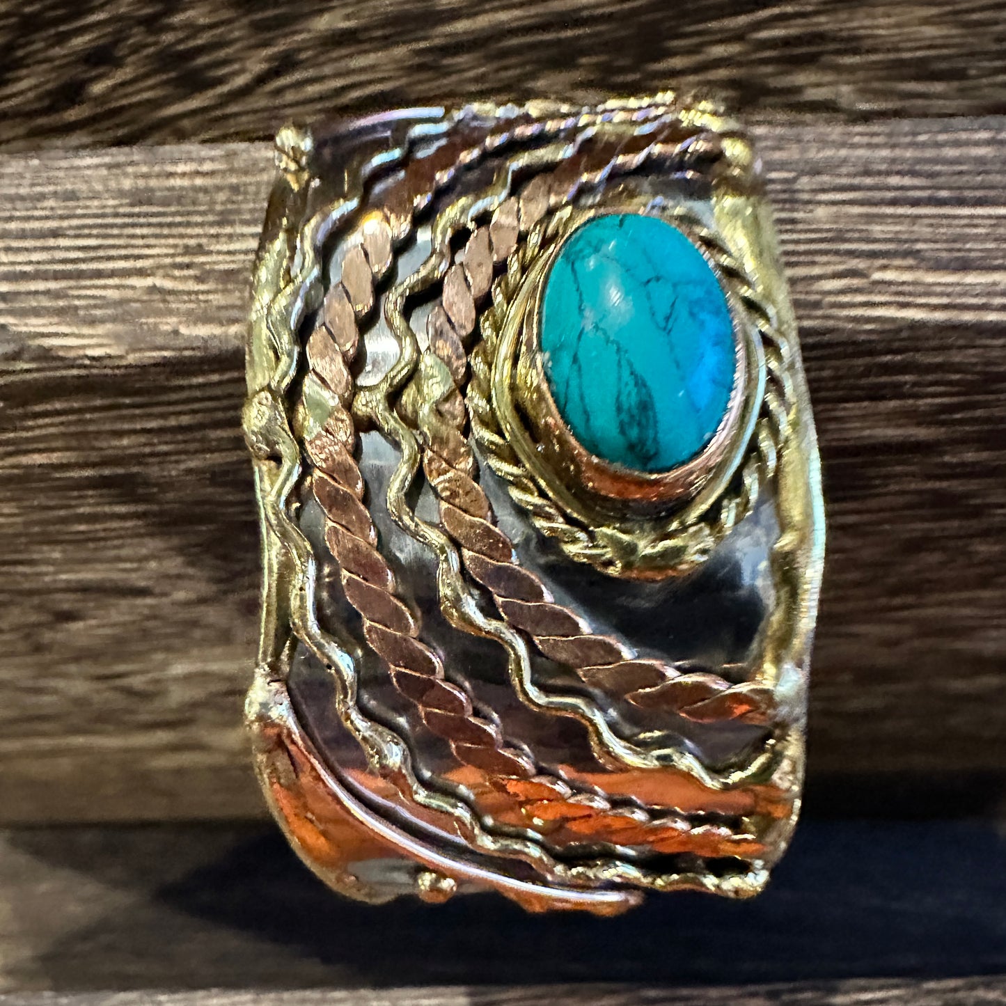 Turquoise Stone Cuff Bracelet - Handcrafted Adjustable Design in Mixed Metals, Gift Box Included Silver Elegant