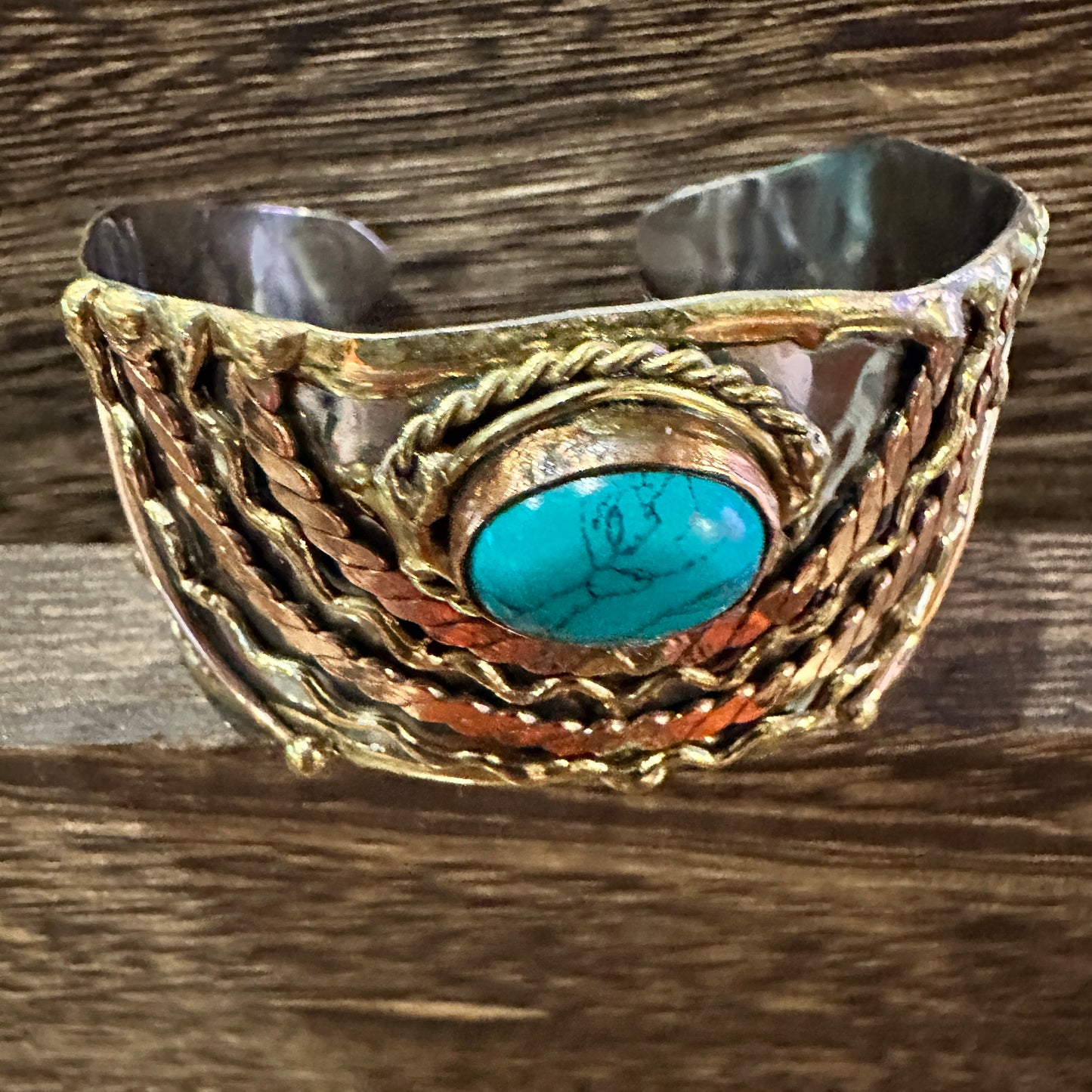 Turquoise Stone Cuff Bracelet - Handcrafted Adjustable Design in Mixed Metals, Gift Box Included Silver Elegant