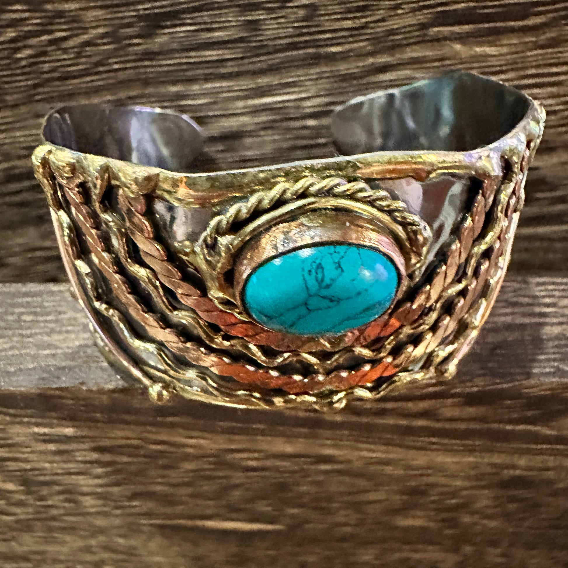 Turquoise Stone Cuff Bracelet - Handcrafted Adjustable Design in Mixed Metals, Gift Box Included Silver Elegant