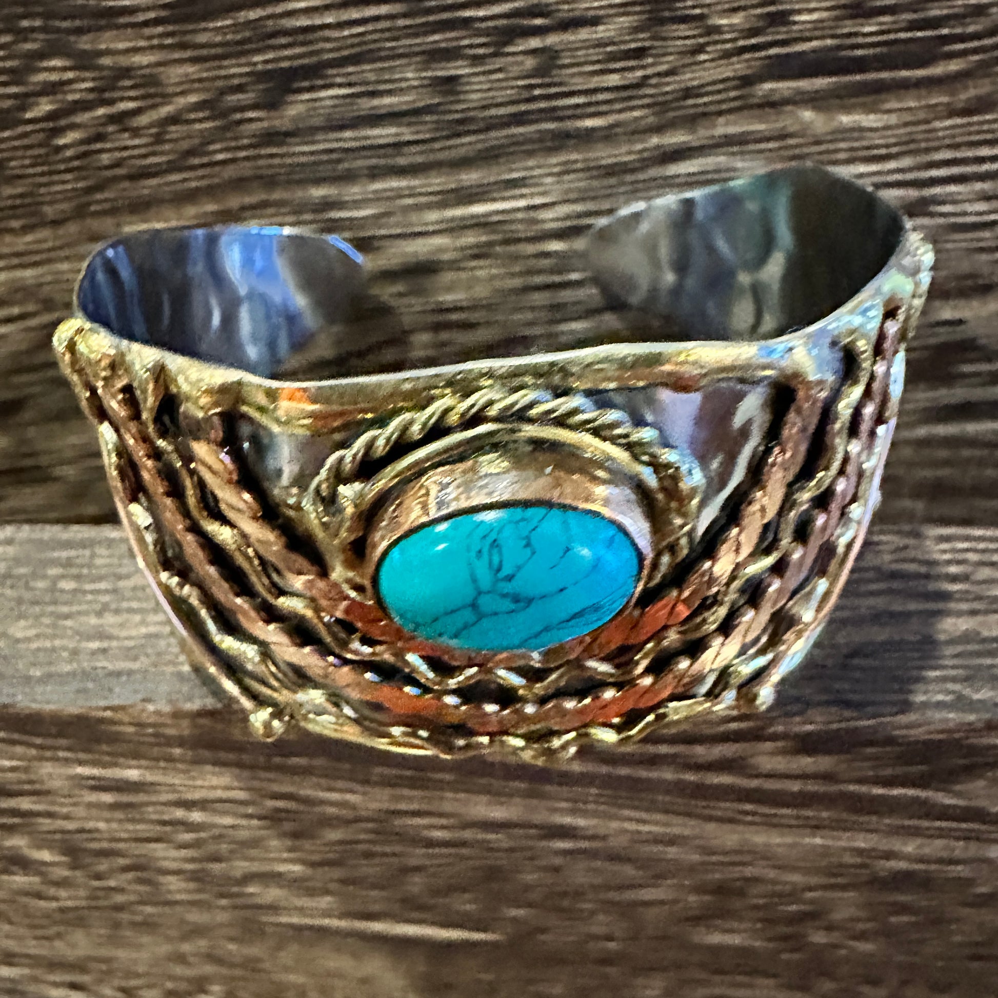 Turquoise Stone Cuff Bracelet - Handcrafted Adjustable Design in Mixed Metals, Gift Box Included Silver Elegant
