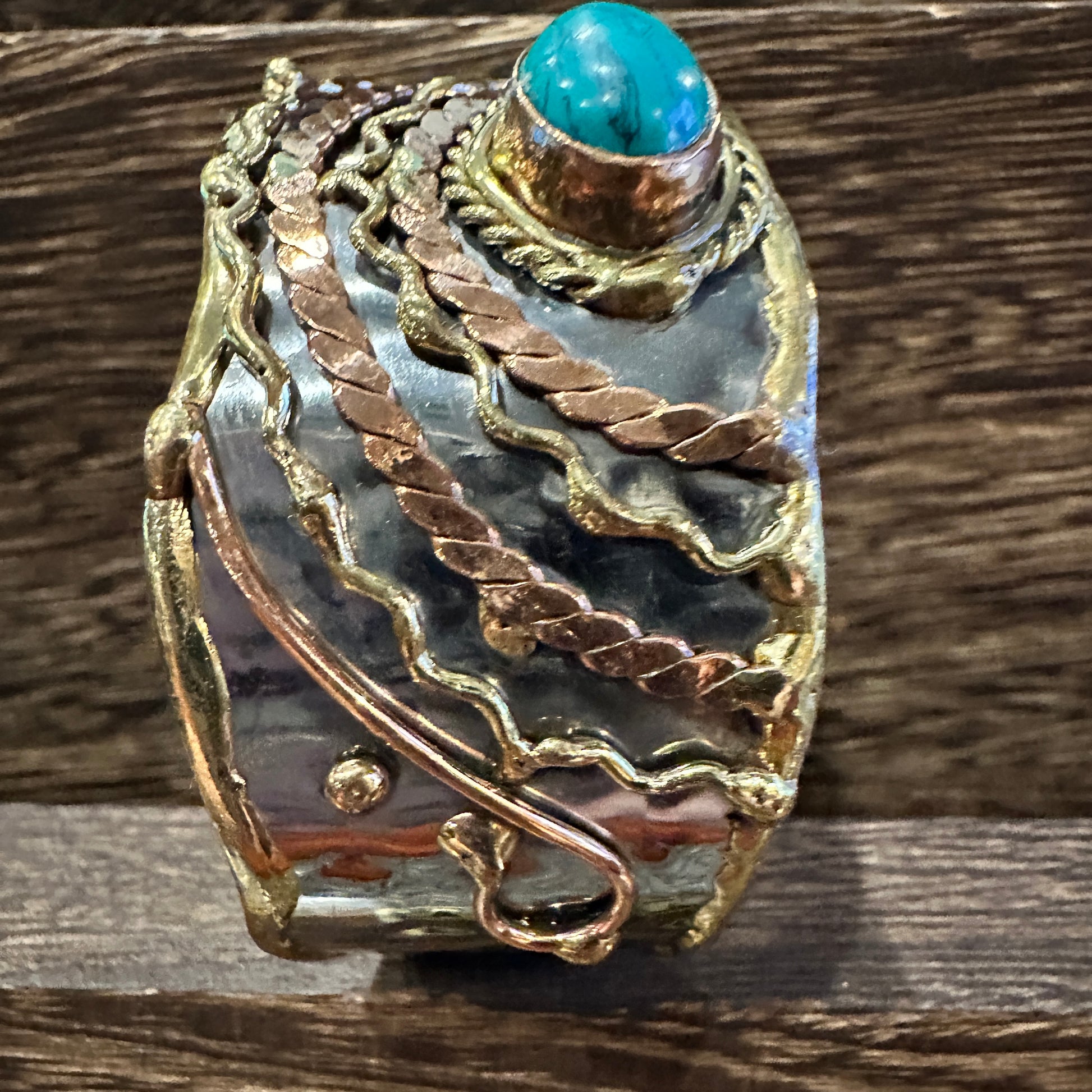 Turquoise Stone Cuff Bracelet - Handcrafted Adjustable Design in Mixed Metals, Gift Box Included Silver Elegant