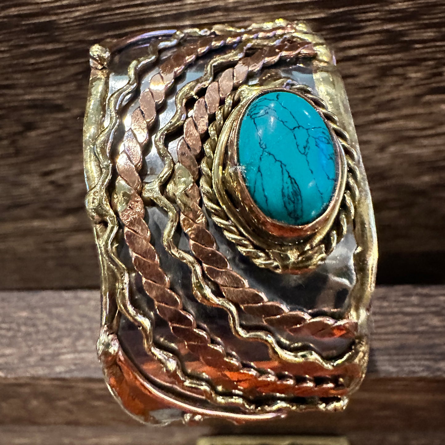 Turquoise Stone Cuff Bracelet - Handcrafted Adjustable Design in Mixed Metals, Gift Box Included Silver Elegant