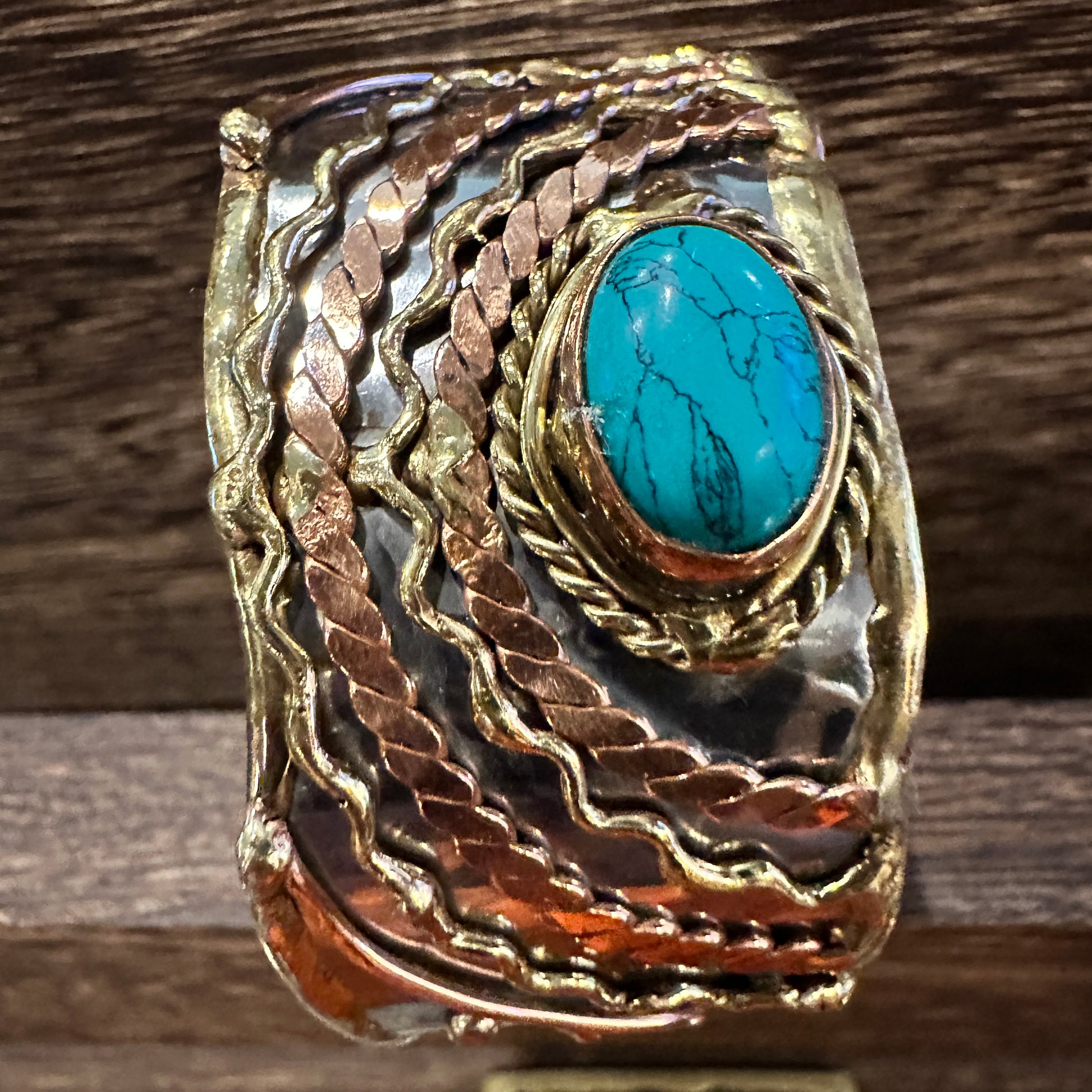 Turquoise Stone Cuff Bracelet - Handcrafted Adjustable Design in Mixed Metals, Gift Box Included Silver Elegant