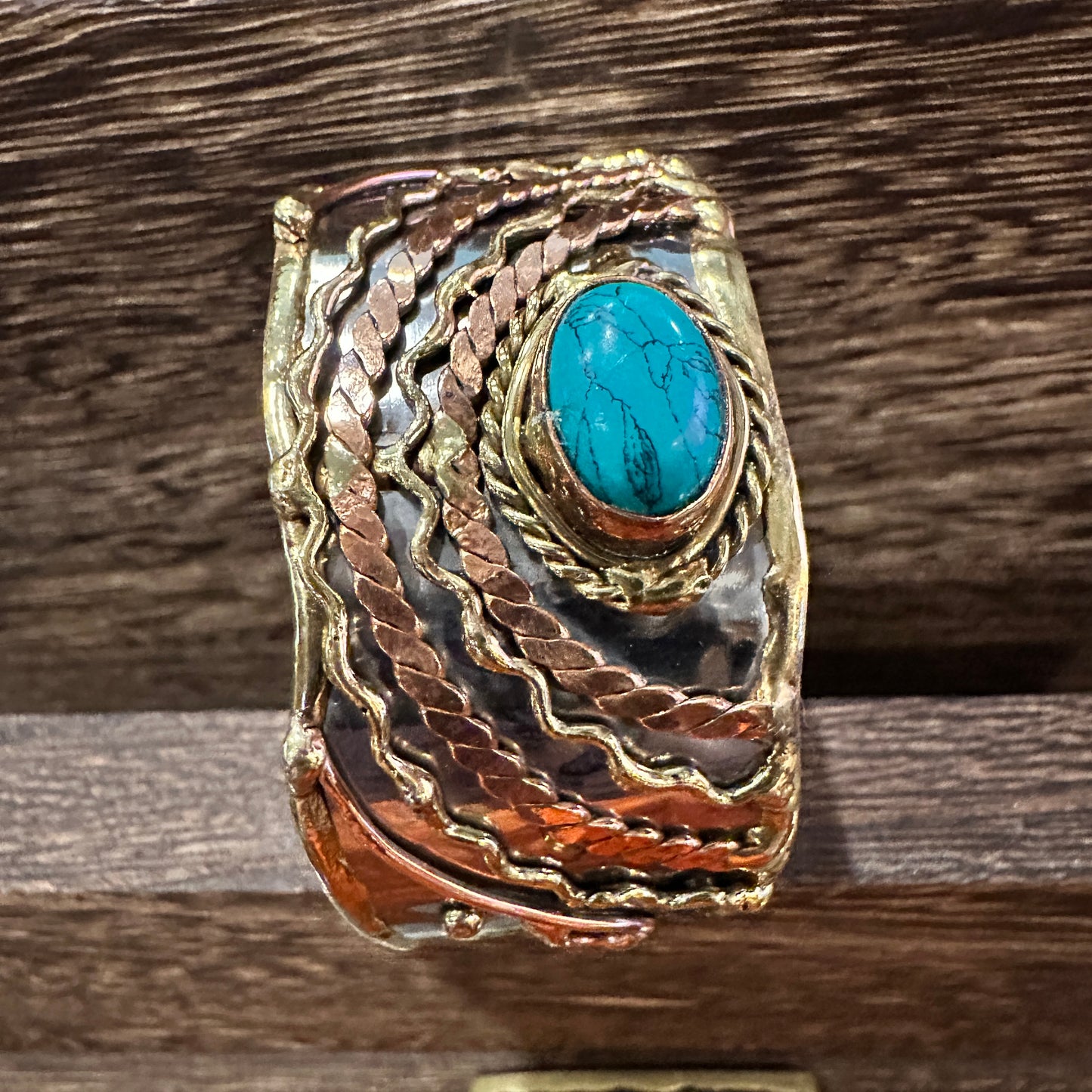Turquoise Stone Cuff Bracelet - Handcrafted Adjustable Design in Mixed Metals, Gift Box Included Silver Elegant