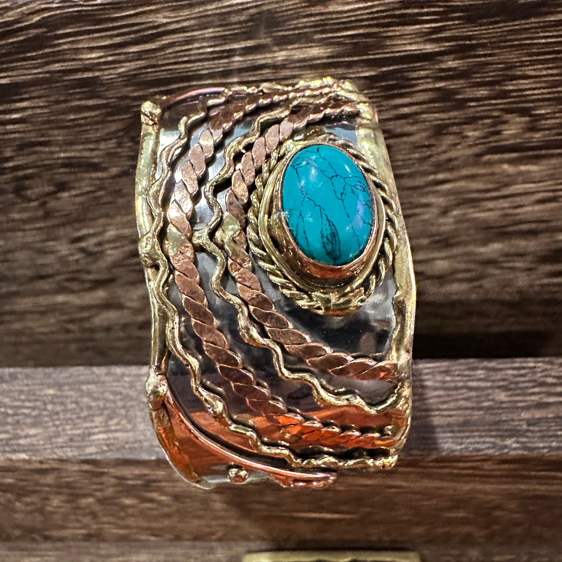 Turquoise Stone Cuff Bracelet - Handcrafted Adjustable Design in Mixed Metals, Gift Box Included Silver Elegant