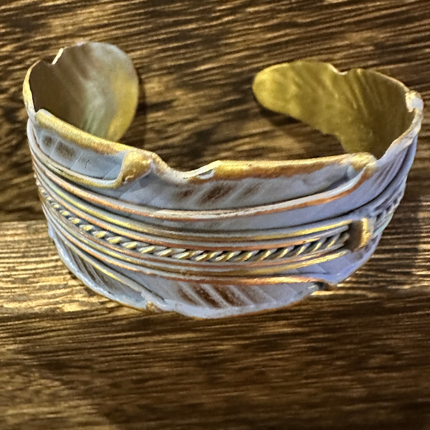 Patina Green Leaf Cuff Bracelet - 2in Wide Adjustable Brass Design in Gift Box Silver Elegant