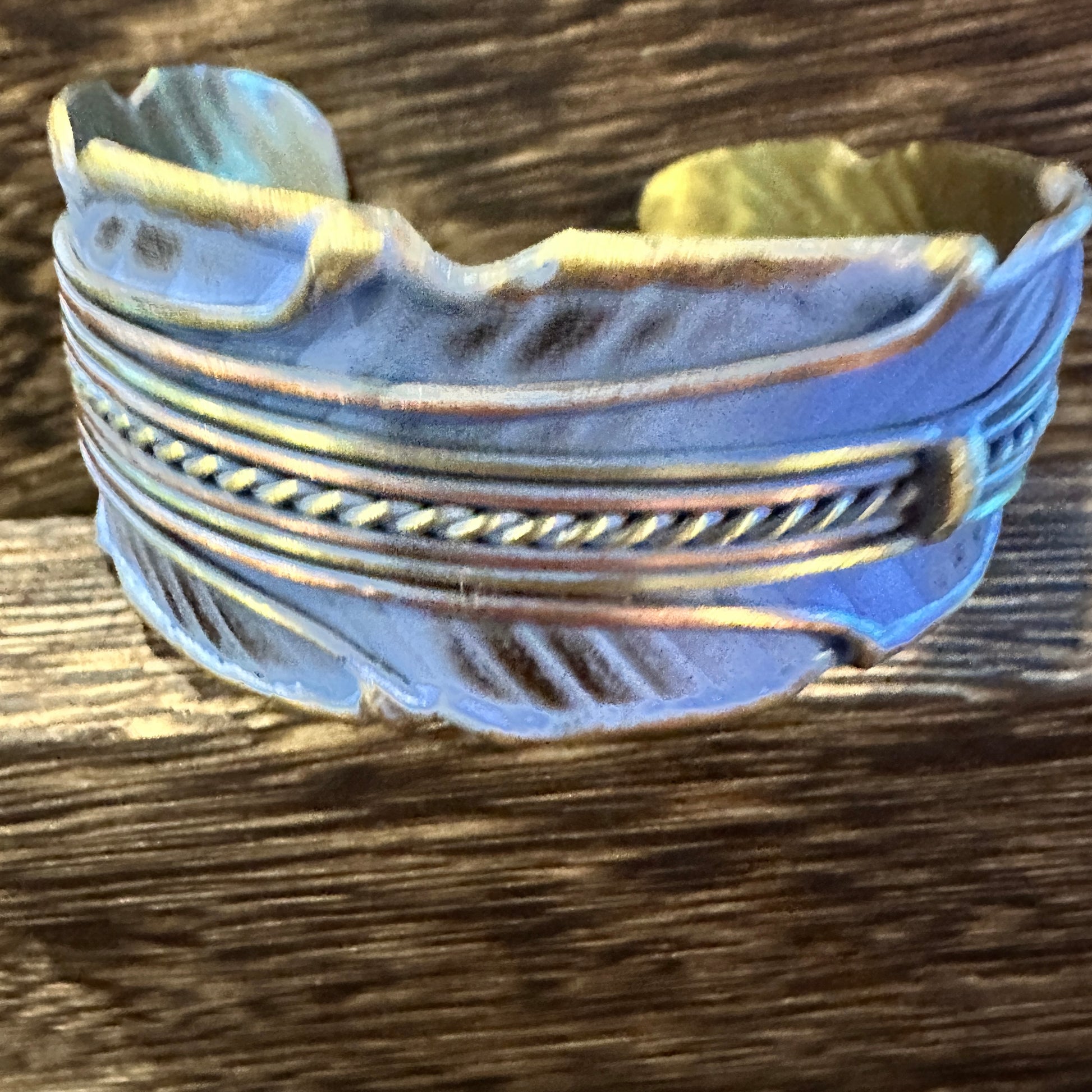 Patina Green Leaf Cuff Bracelet - 2in Wide Adjustable Brass Design in Gift Box Silver Elegant