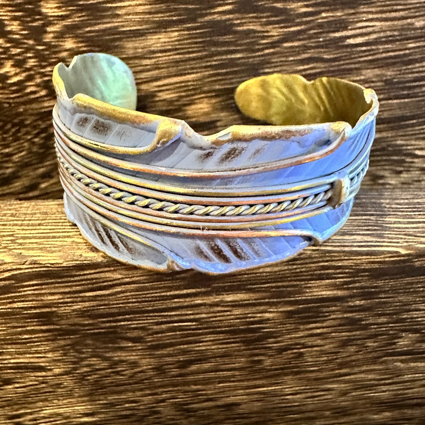 Patina Green Leaf Cuff Bracelet - 2in Wide Adjustable Brass Design in Gift Box Silver Elegant