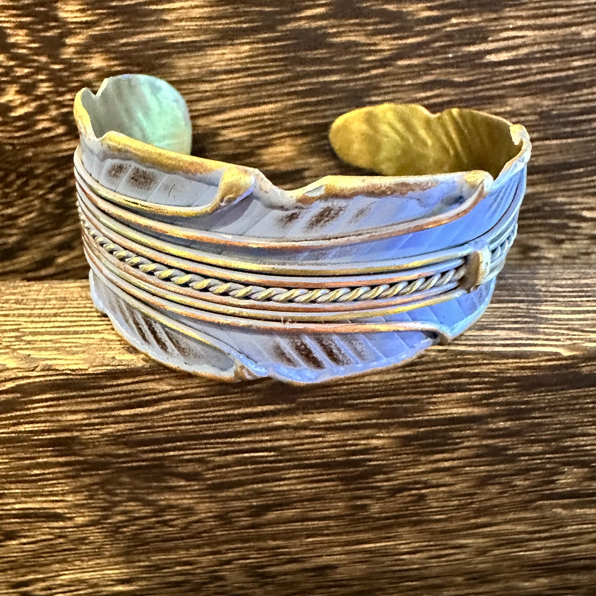 Patina Green Leaf Cuff Bracelet - 2in Wide Adjustable Brass Design in Gift Box Silver Elegant
