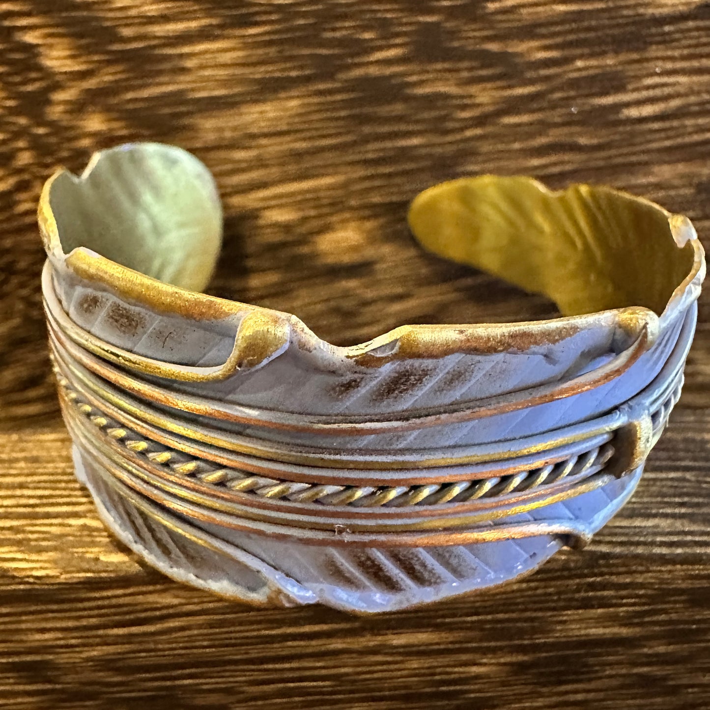 Patina Green Leaf Cuff Bracelet - 2in Wide Adjustable Brass Design in Gift Box Silver Elegant