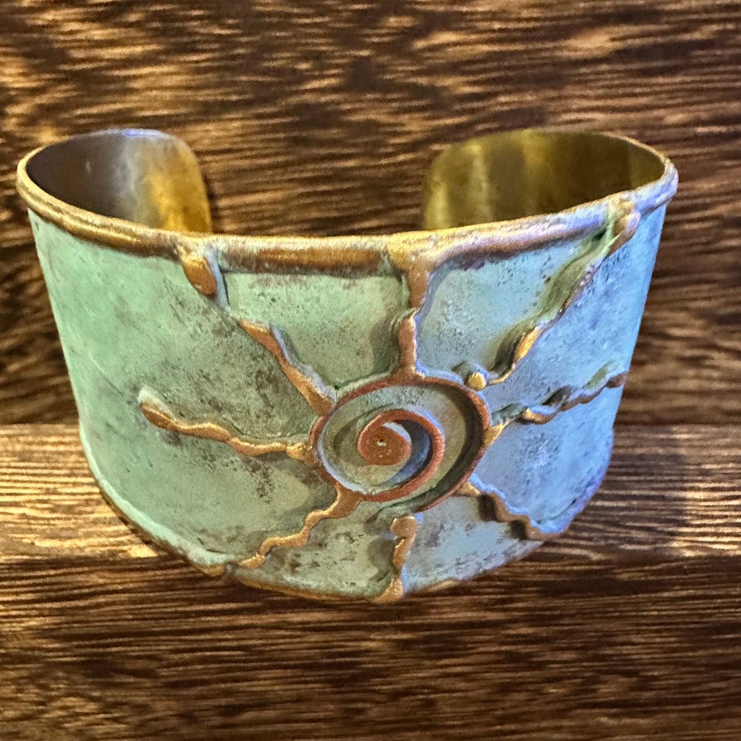 Artisan Aqua Patina Brass Cuff Bracelet, 2in Wide, Adjustable, Gift Box Included Silver Elegant