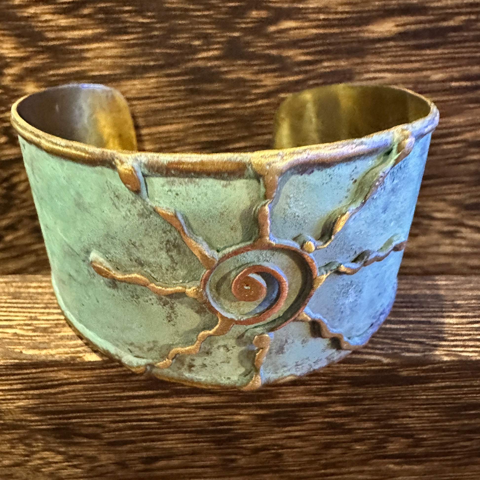 Artisan Aqua Patina Brass Cuff Bracelet, 2in Wide, Adjustable, Gift Box Included Silver Elegant