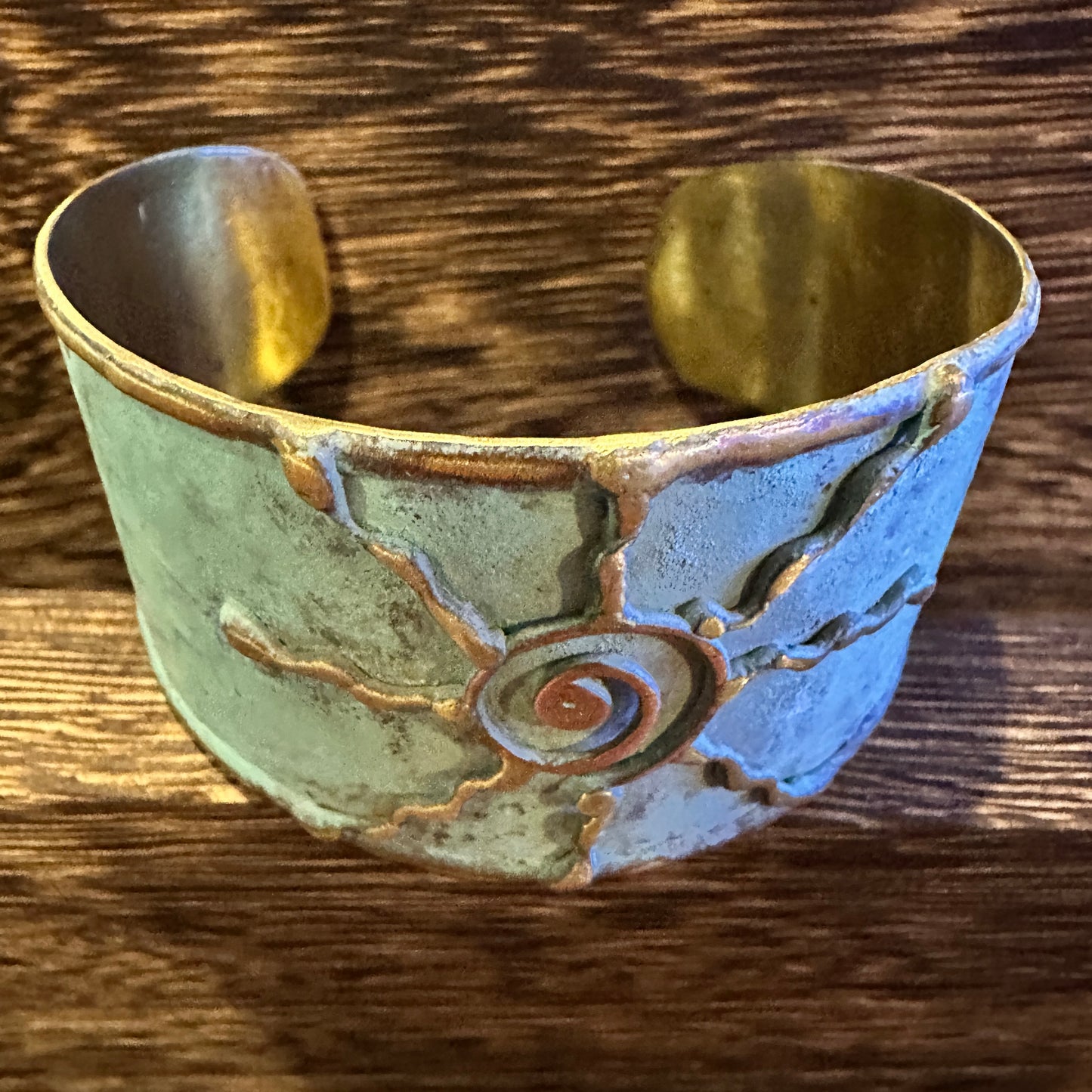 Artisan Aqua Patina Brass Cuff Bracelet, 2in Wide, Adjustable, Gift Box Included Silver Elegant