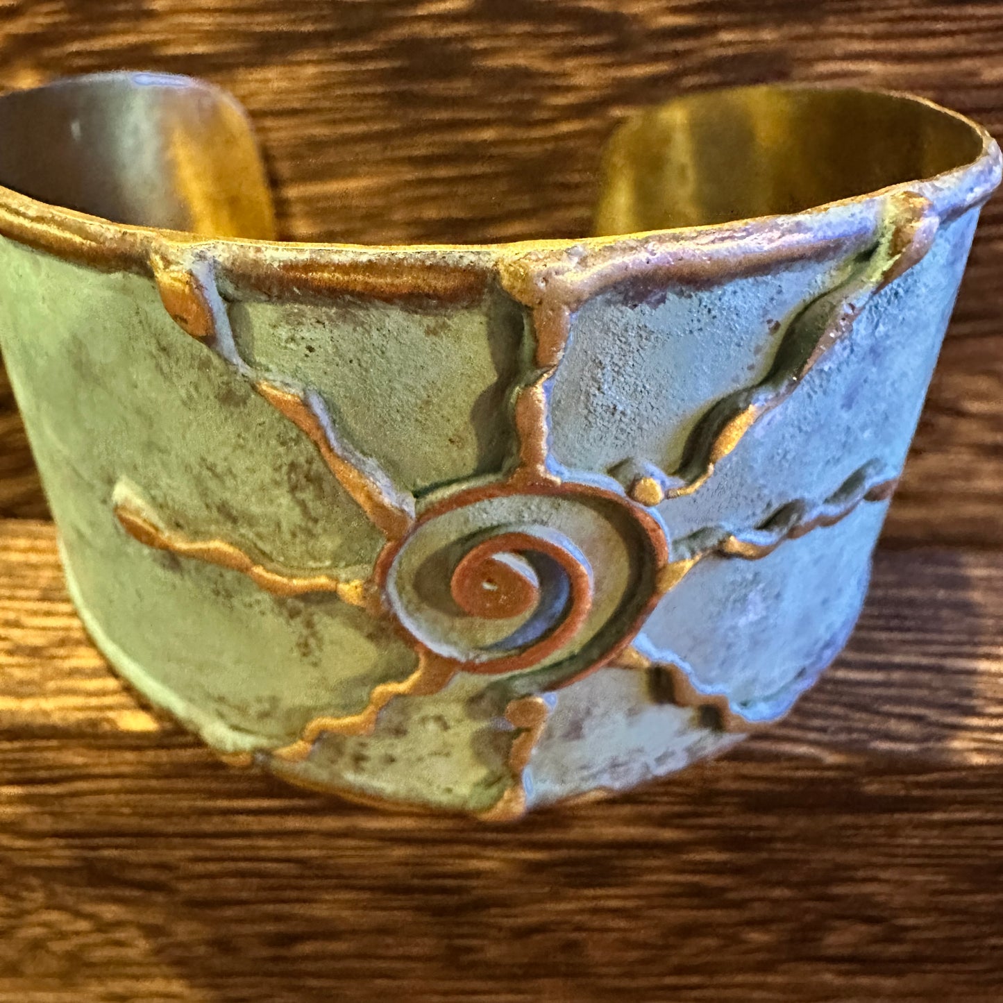 Artisan Aqua Patina Brass Cuff Bracelet, 2in Wide, Adjustable, Gift Box Included Silver Elegant