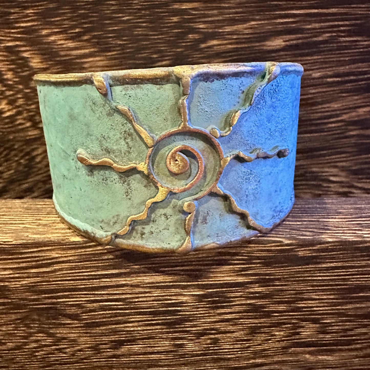 Artisan Aqua Patina Brass Cuff Bracelet, 2in Wide, Adjustable, Gift Box Included Silver Elegant