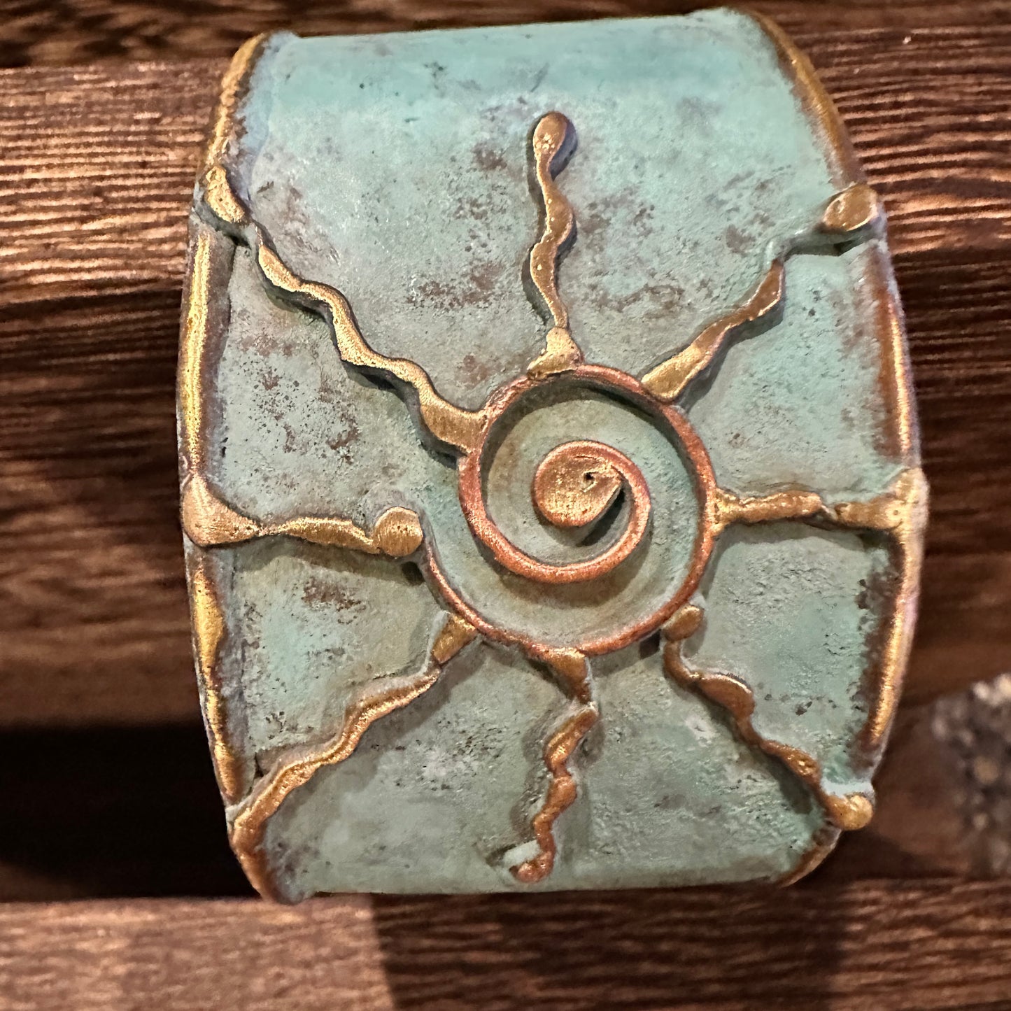 Artisan Aqua Patina Brass Cuff Bracelet, 2in Wide, Adjustable, Gift Box Included Silver Elegant