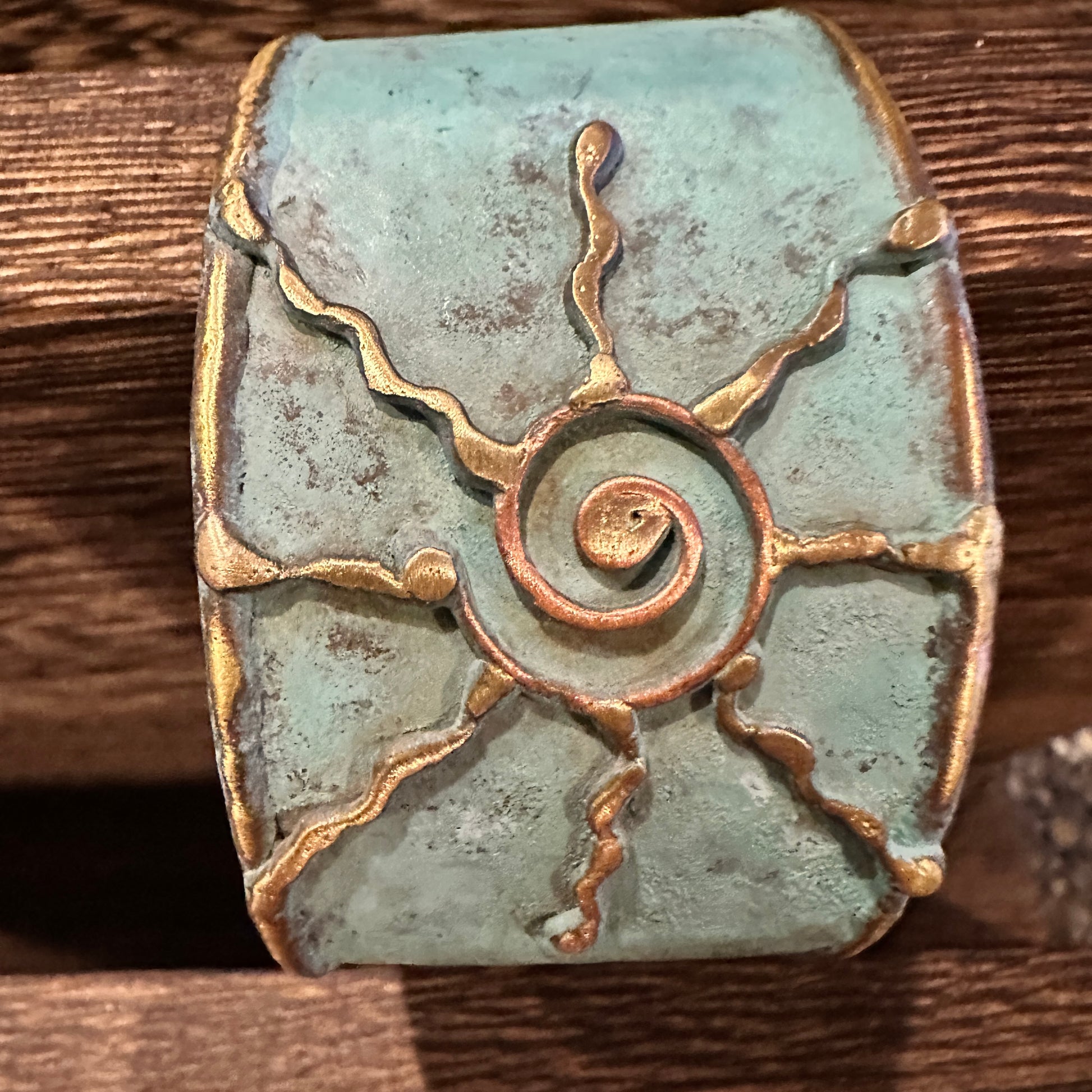 Artisan Aqua Patina Brass Cuff Bracelet, 2in Wide, Adjustable, Gift Box Included Silver Elegant
