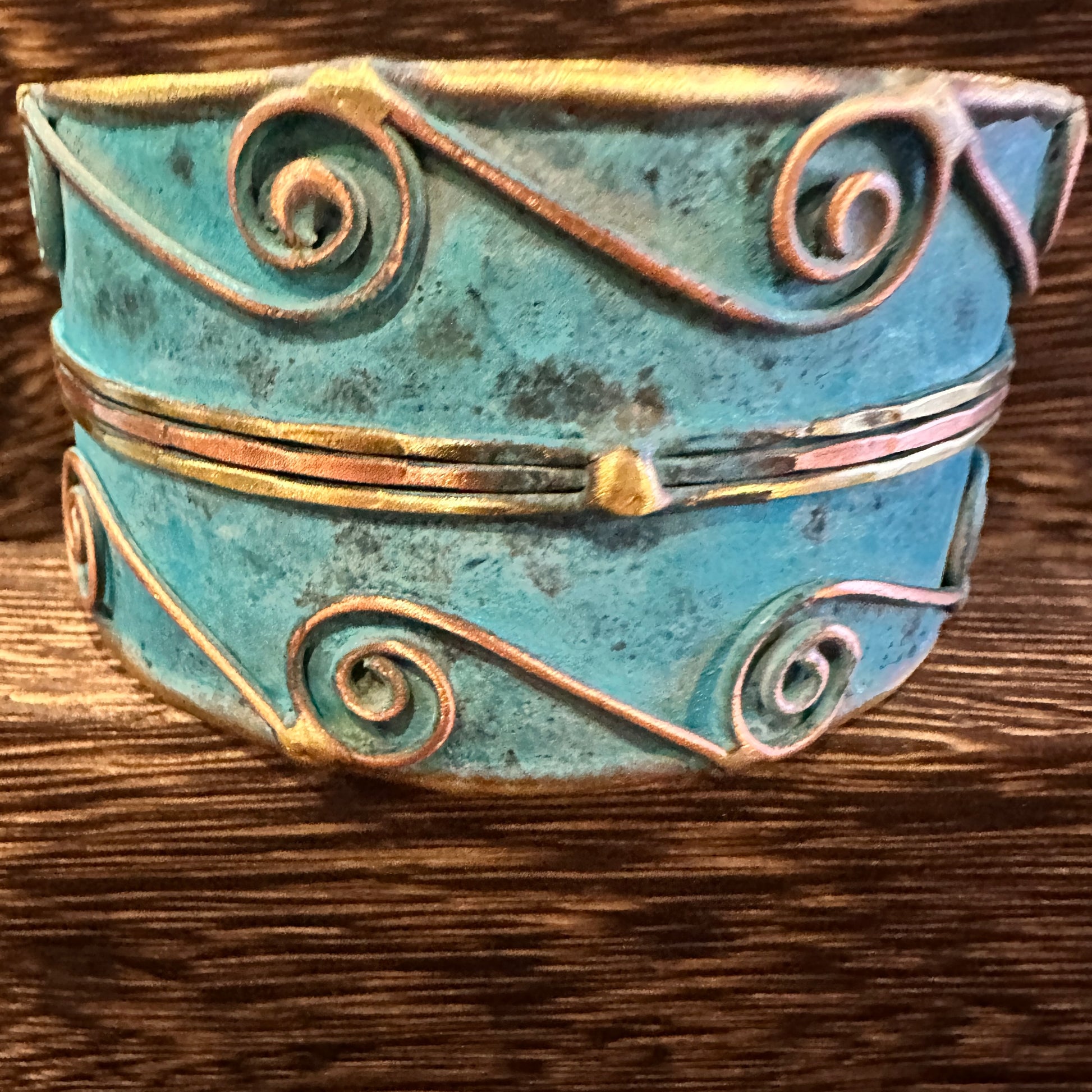 Aqua Patina Swirl Adjustable Cuff Bracelet - Handcrafted 2in Wide Brass, Gift Box Included Silver Elegant