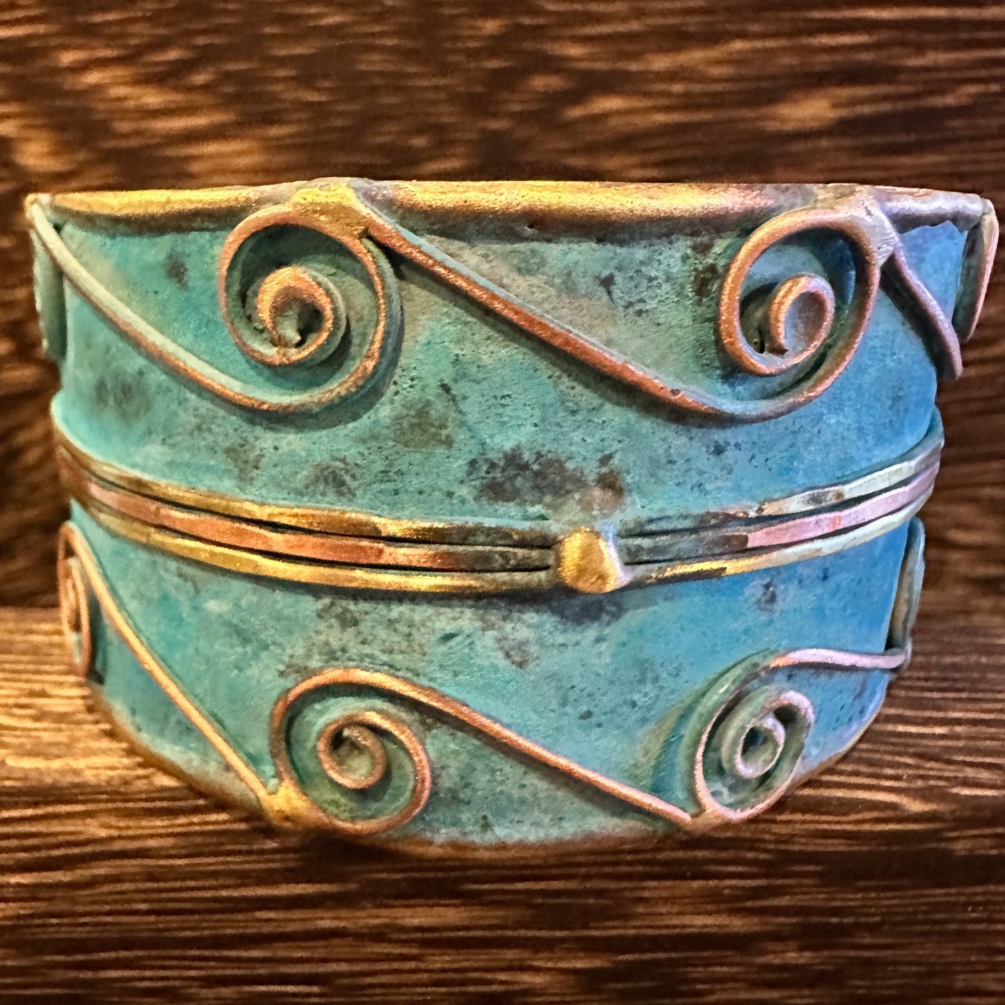 Aqua Patina Swirl Adjustable Cuff Bracelet - Handcrafted 2in Wide Brass, Gift Box Included Silver Elegant