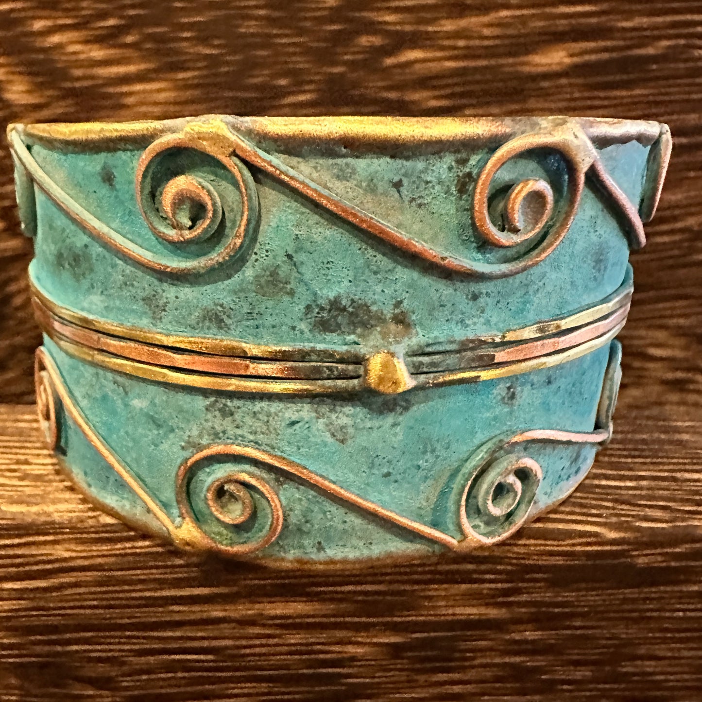 Aqua Patina Swirl Adjustable Cuff Bracelet - Handcrafted 2in Wide Brass, Gift Box Included Silver Elegant