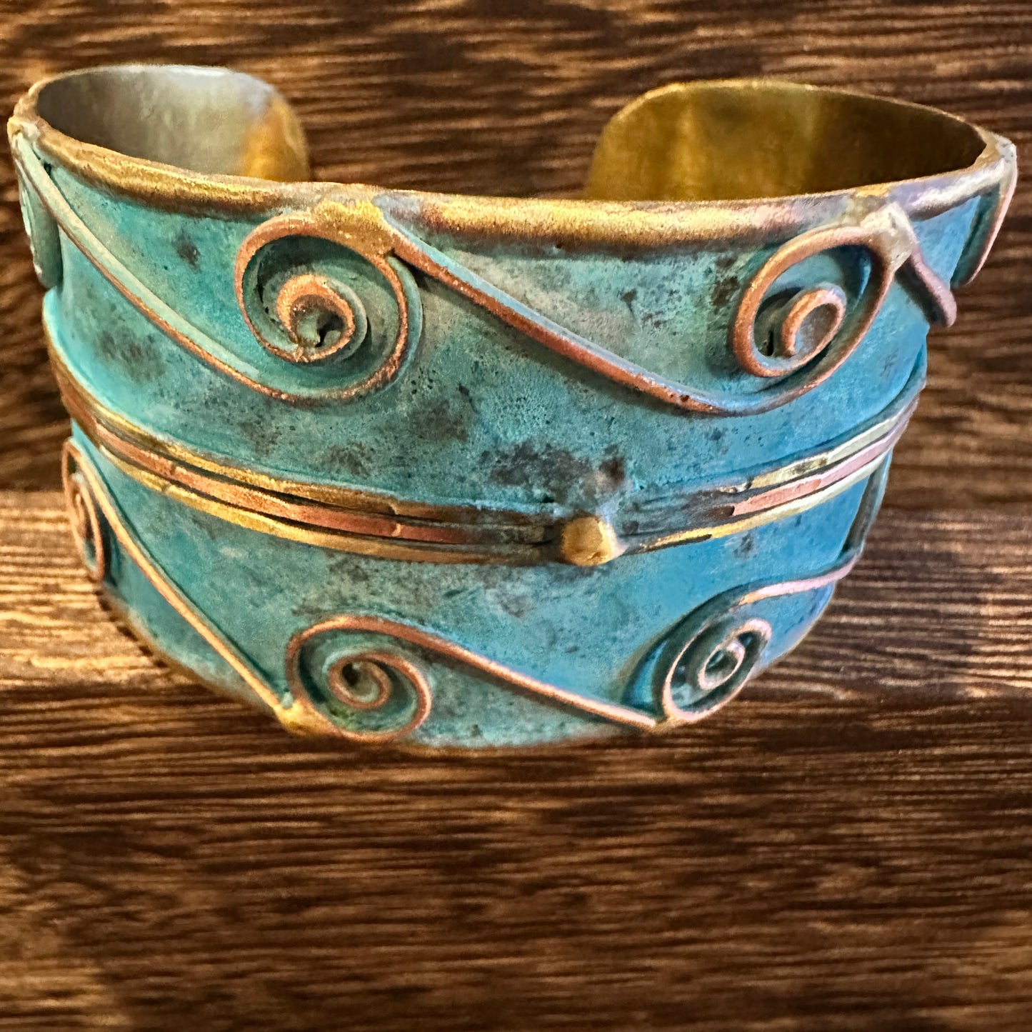 Aqua Patina Swirl Adjustable Cuff Bracelet - Handcrafted 2in Wide Brass, Gift Box Included Silver Elegant
