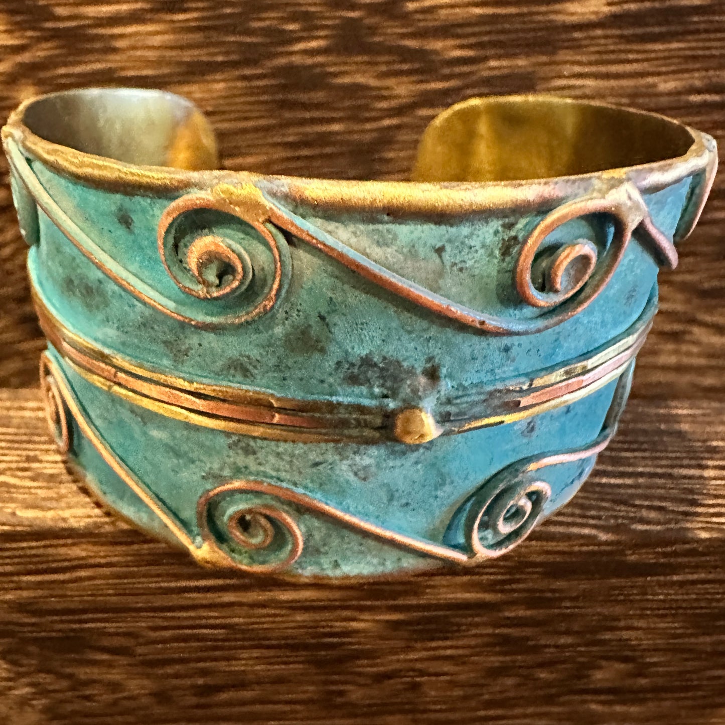 Aqua Patina Swirl Adjustable Cuff Bracelet - Handcrafted 2in Wide Brass, Gift Box Included Silver Elegant
