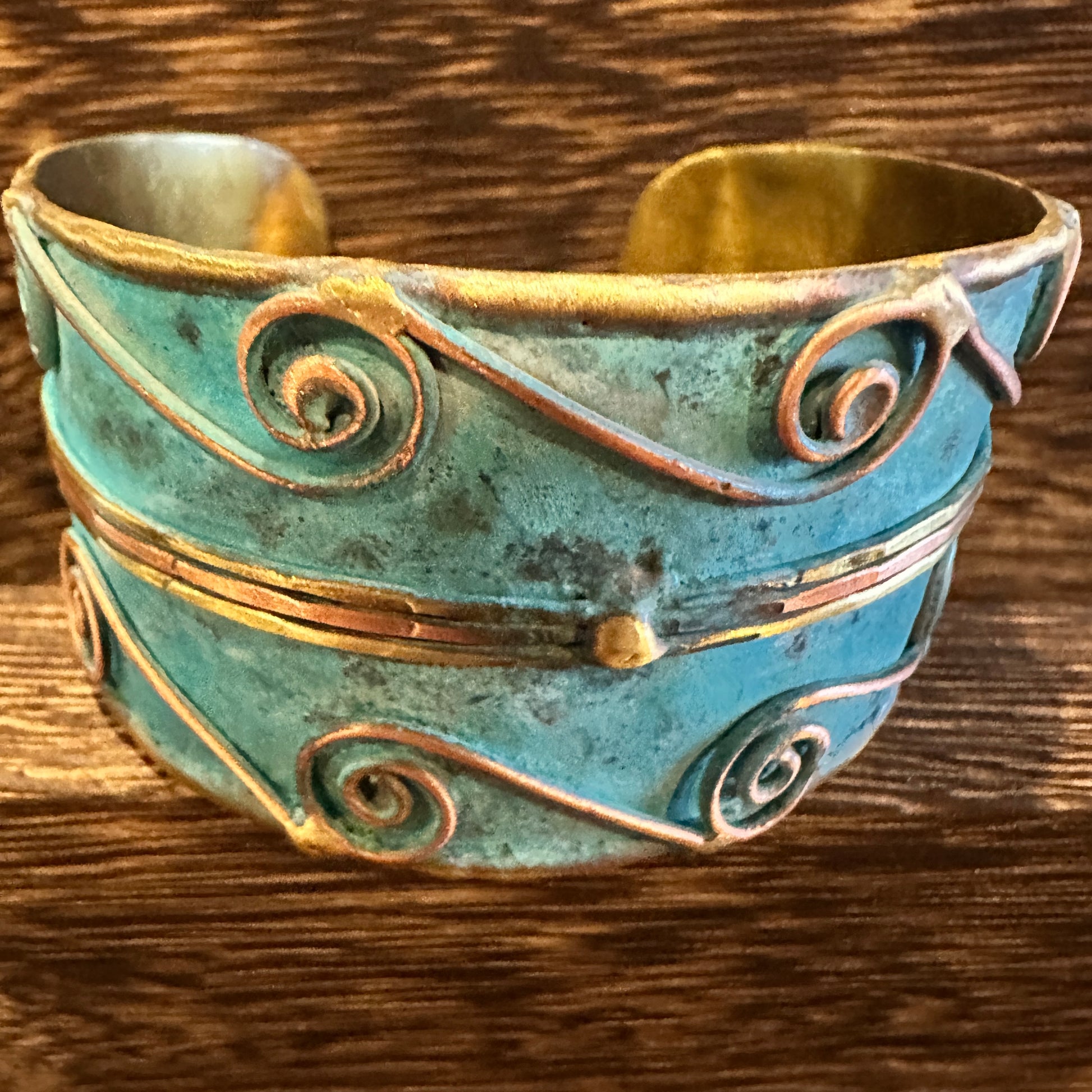 Aqua Patina Swirl Adjustable Cuff Bracelet - Handcrafted 2in Wide Brass, Gift Box Included Silver Elegant