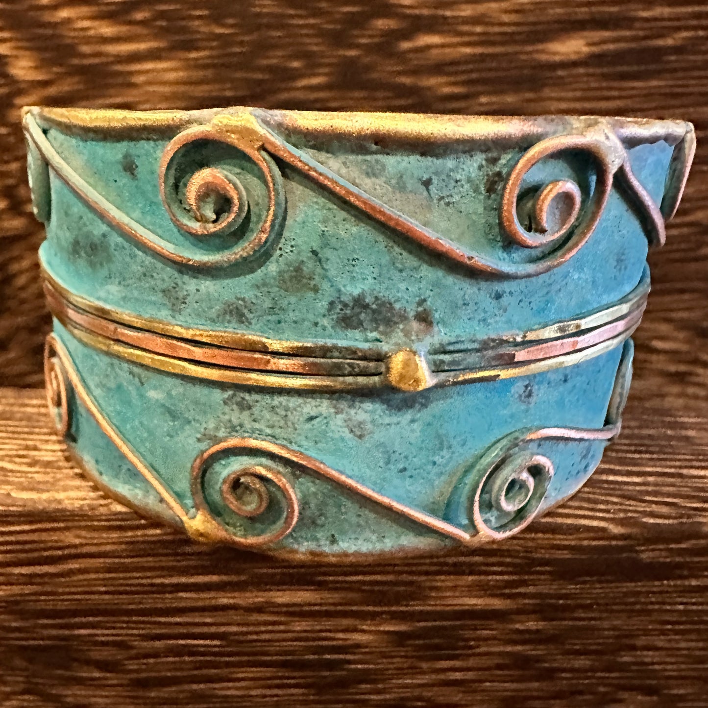 Aqua Patina Swirl Adjustable Cuff Bracelet - Handcrafted 2in Wide Brass, Gift Box Included Silver Elegant