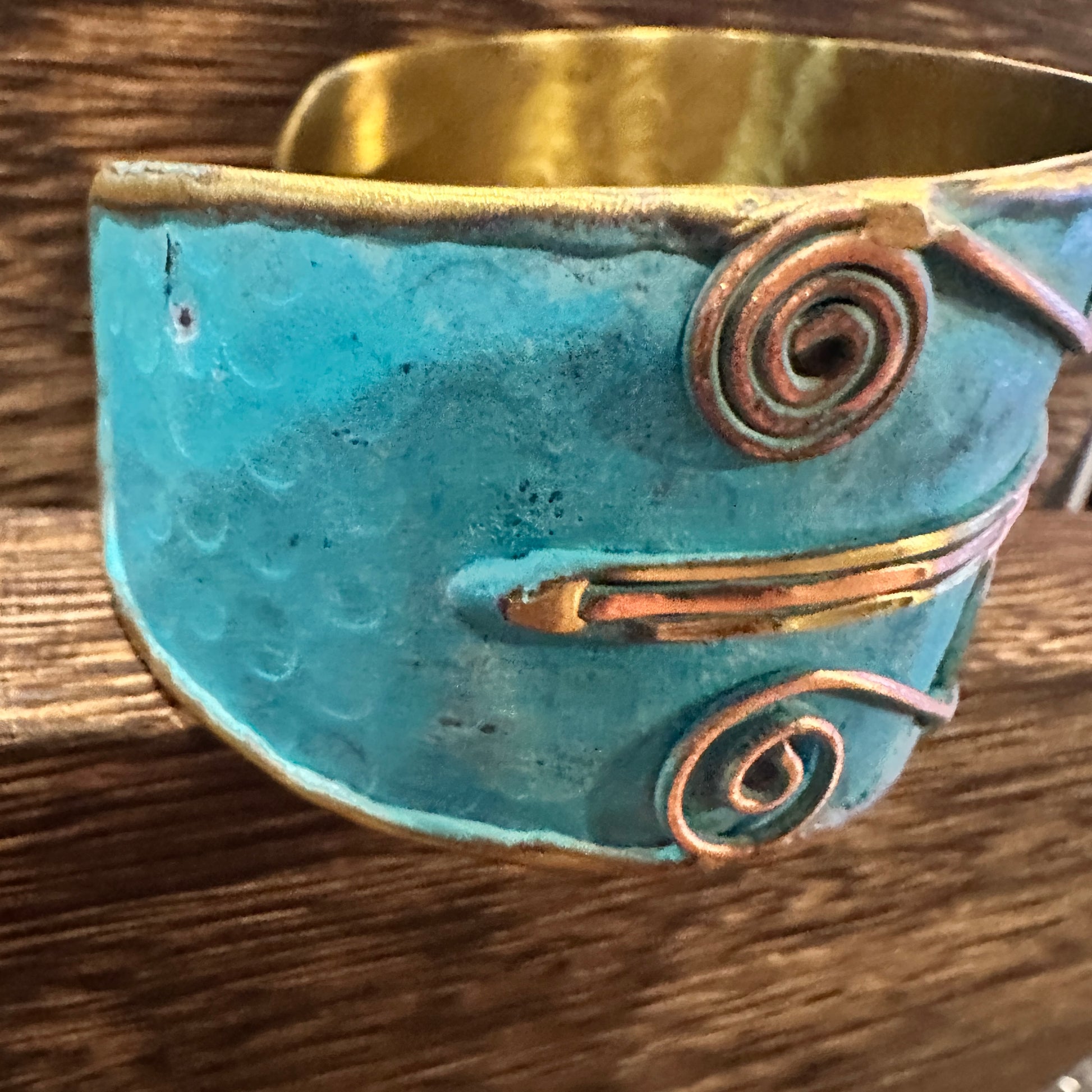 Aqua Patina Swirl Adjustable Cuff Bracelet - Handcrafted 2in Wide Brass, Gift Box Included Silver Elegant