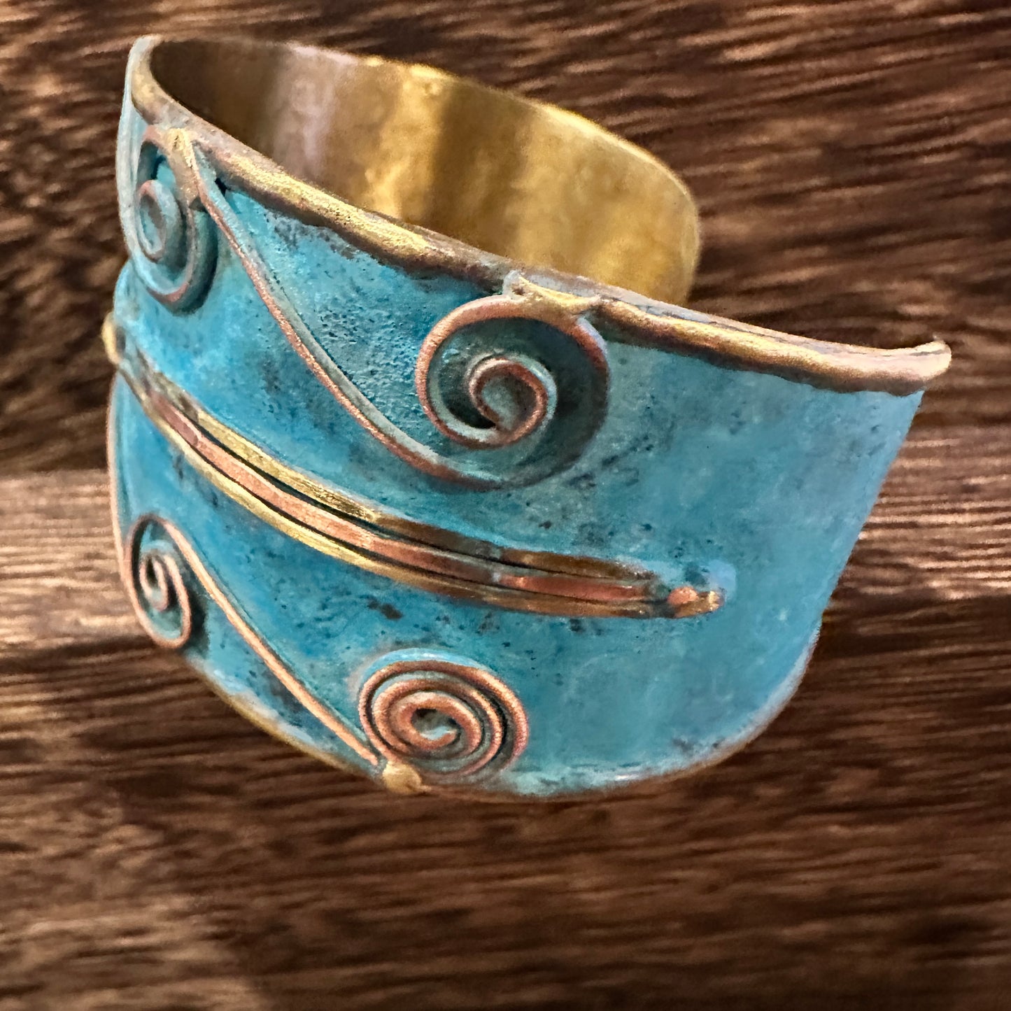 Aqua Patina Swirl Adjustable Cuff Bracelet - Handcrafted 2in Wide Brass, Gift Box Included Silver Elegant