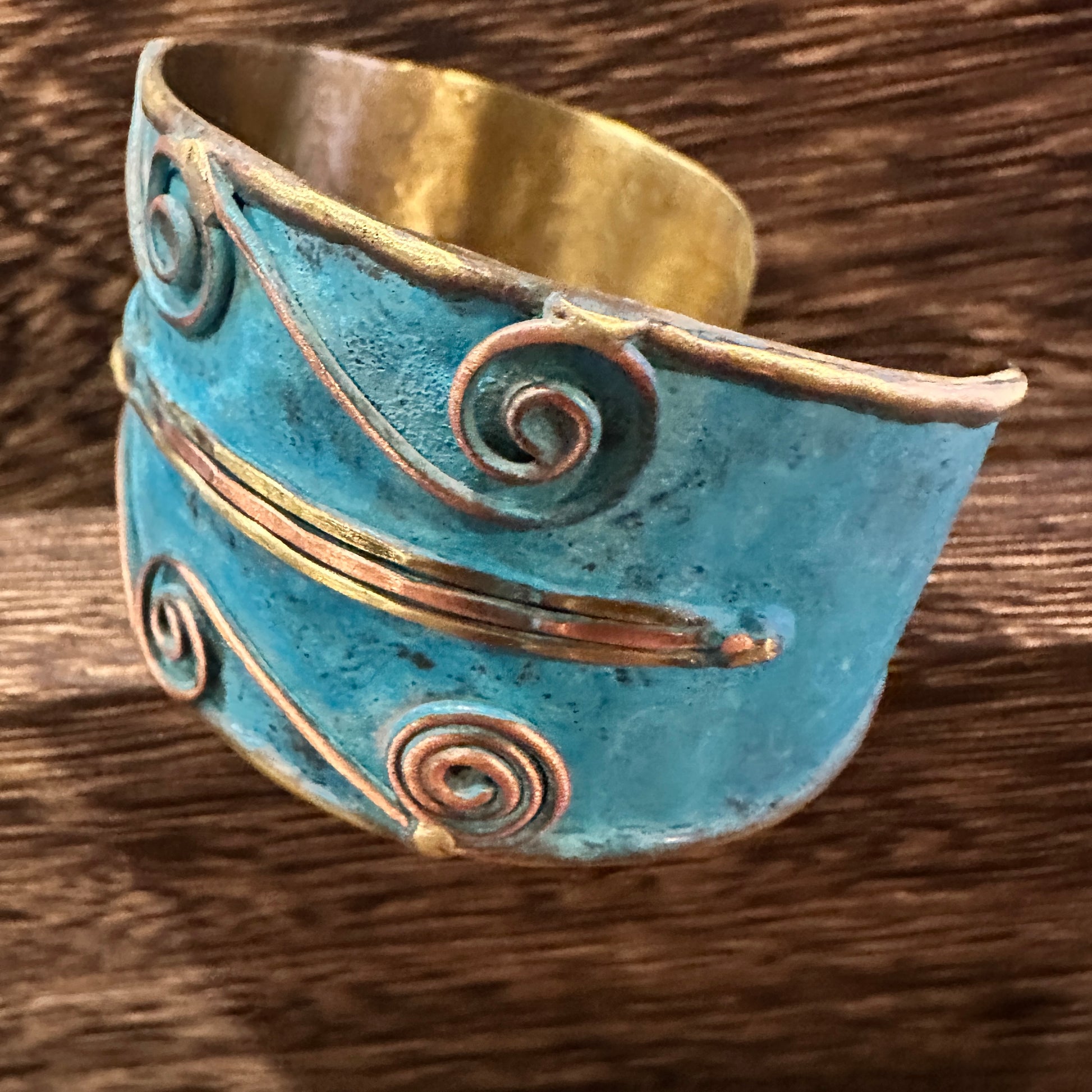 Aqua Patina Swirl Adjustable Cuff Bracelet - Handcrafted 2in Wide Brass, Gift Box Included Silver Elegant