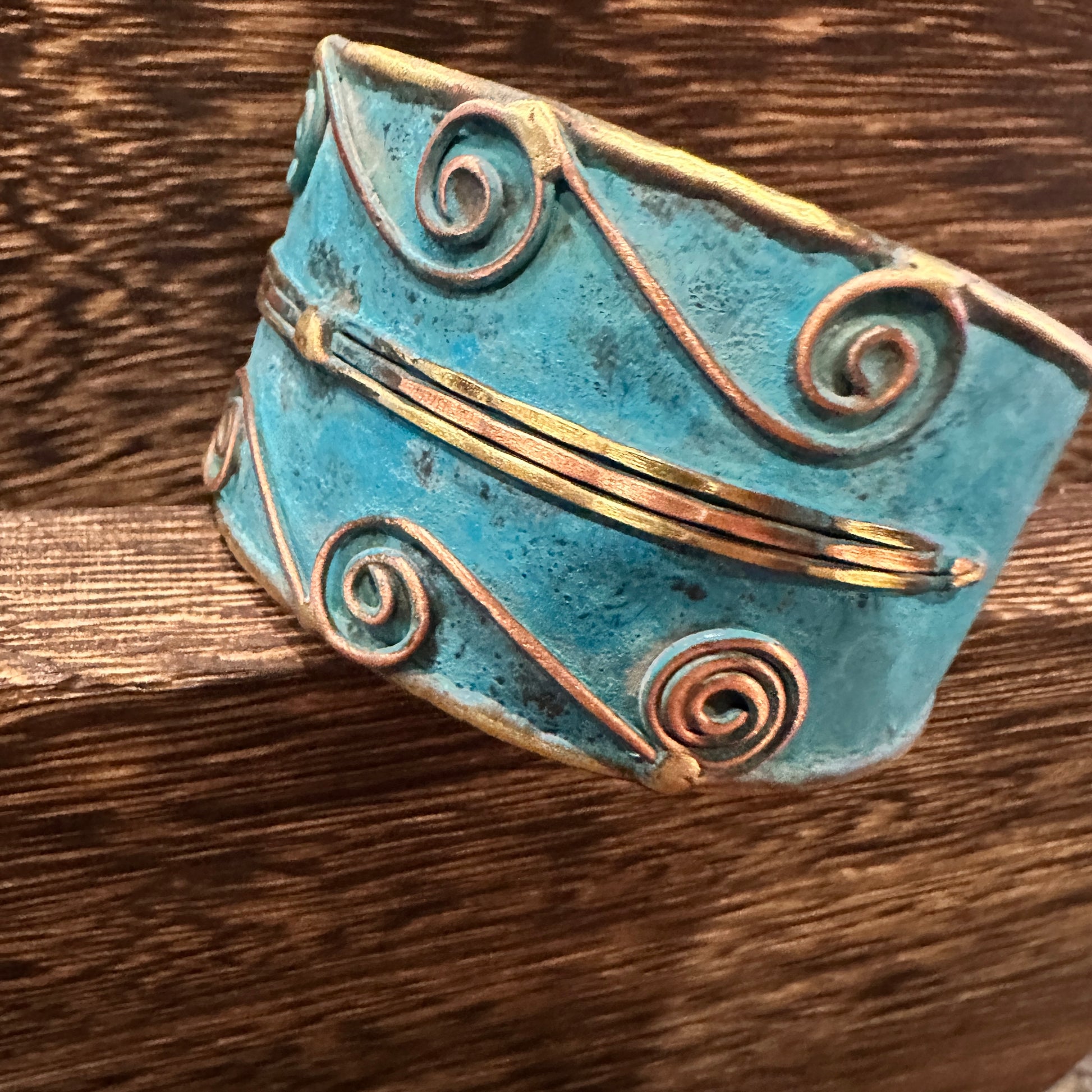 Aqua Patina Swirl Adjustable Cuff Bracelet - Handcrafted 2in Wide Brass, Gift Box Included Silver Elegant