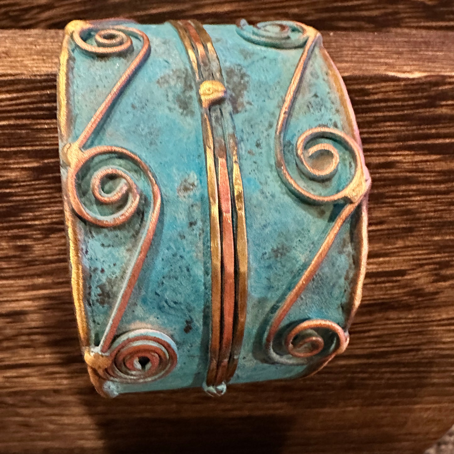 Aqua Patina Swirl Adjustable Cuff Bracelet - Handcrafted 2in Wide Brass, Gift Box Included Silver Elegant