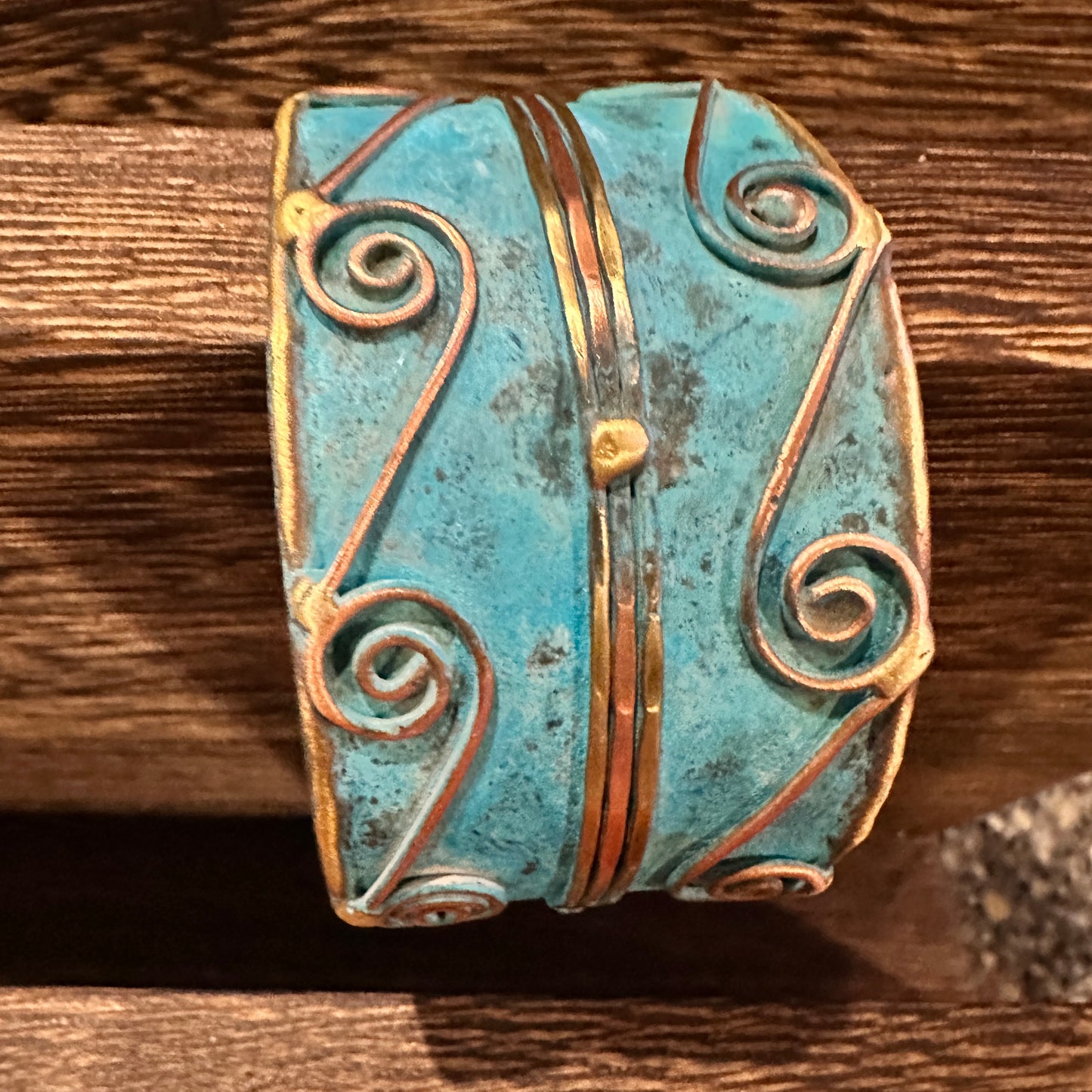 Aqua Patina Swirl Adjustable Cuff Bracelet - Handcrafted 2in Wide Brass, Gift Box Included Silver Elegant