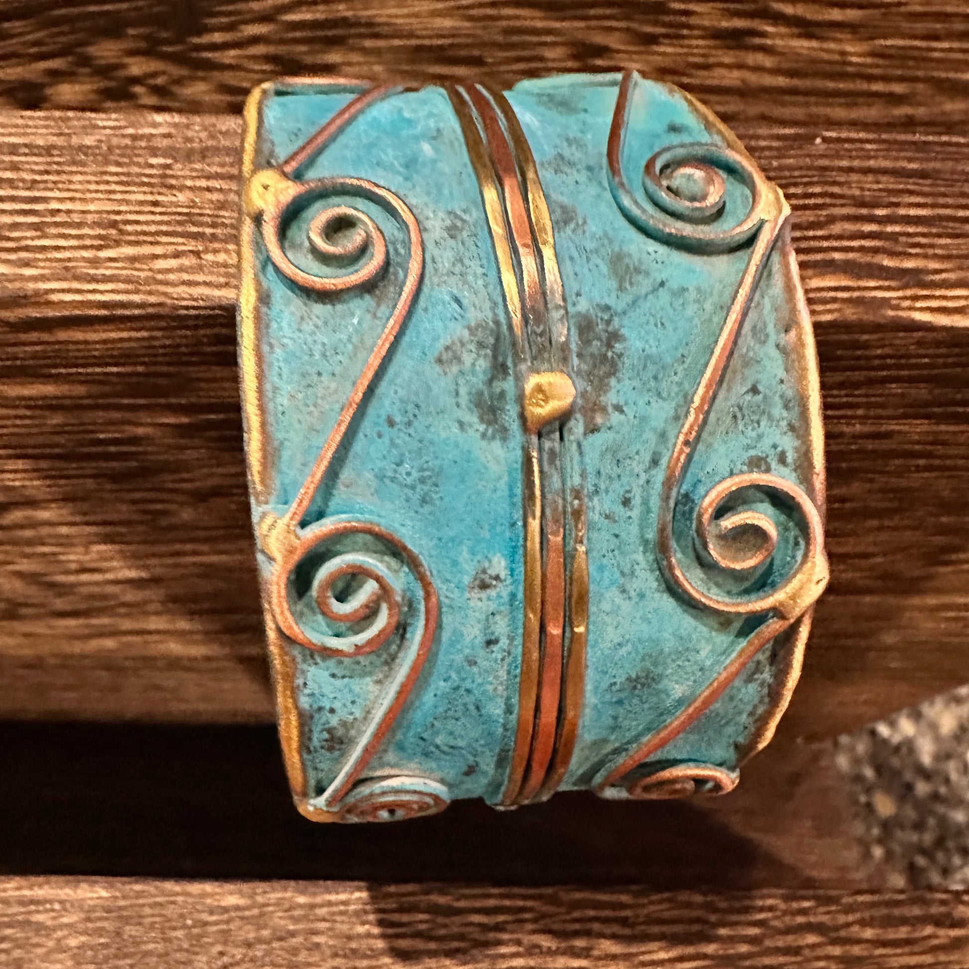 Aqua Patina Swirl Adjustable Cuff Bracelet - Handcrafted 2in Wide Brass, Gift Box Included Silver Elegant