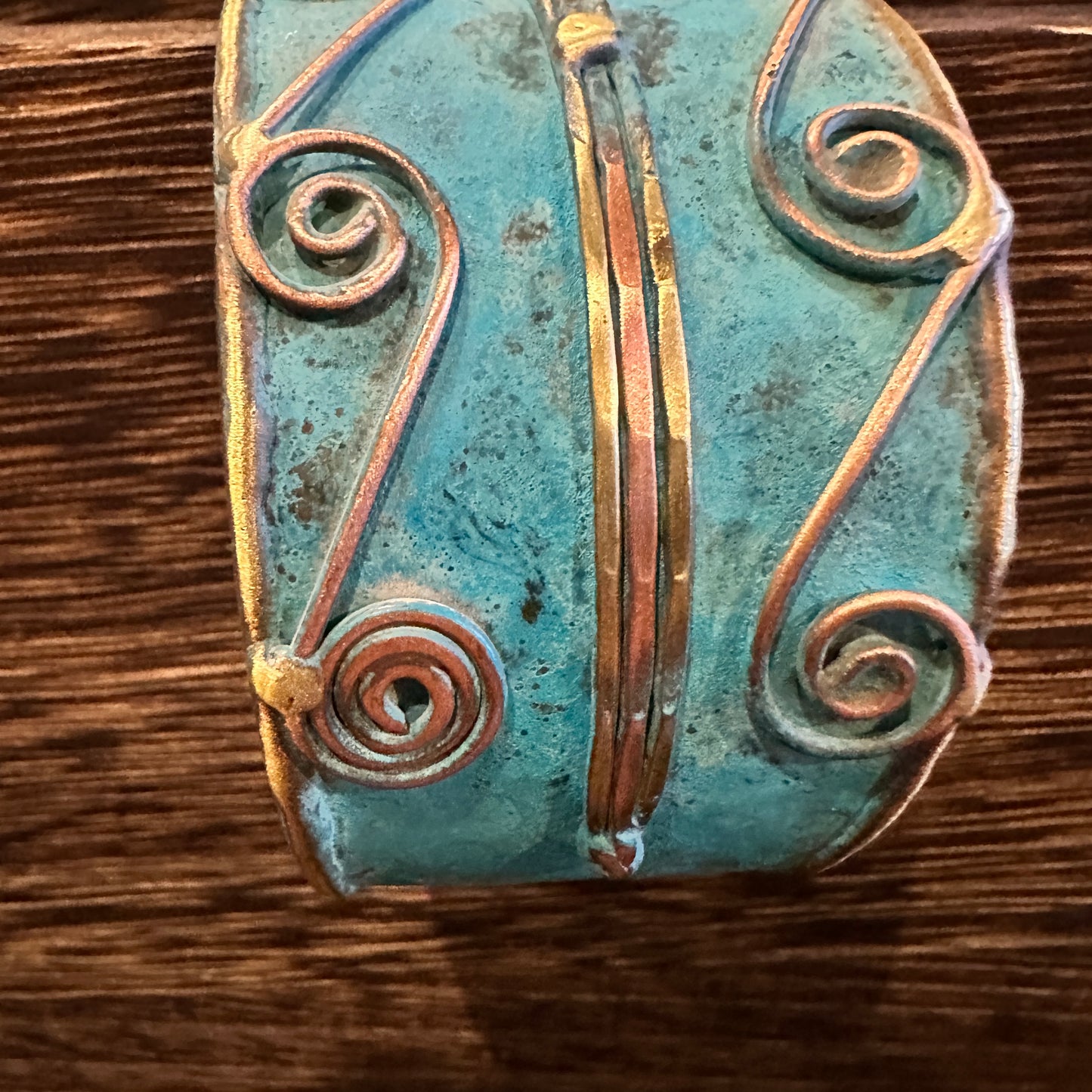 Aqua Patina Swirl Adjustable Cuff Bracelet - Handcrafted 2in Wide Brass, Gift Box Included Silver Elegant