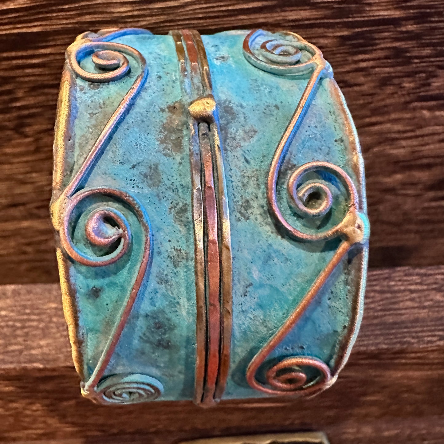 Aqua Patina Swirl Adjustable Cuff Bracelet - Handcrafted 2in Wide Brass, Gift Box Included Silver Elegant