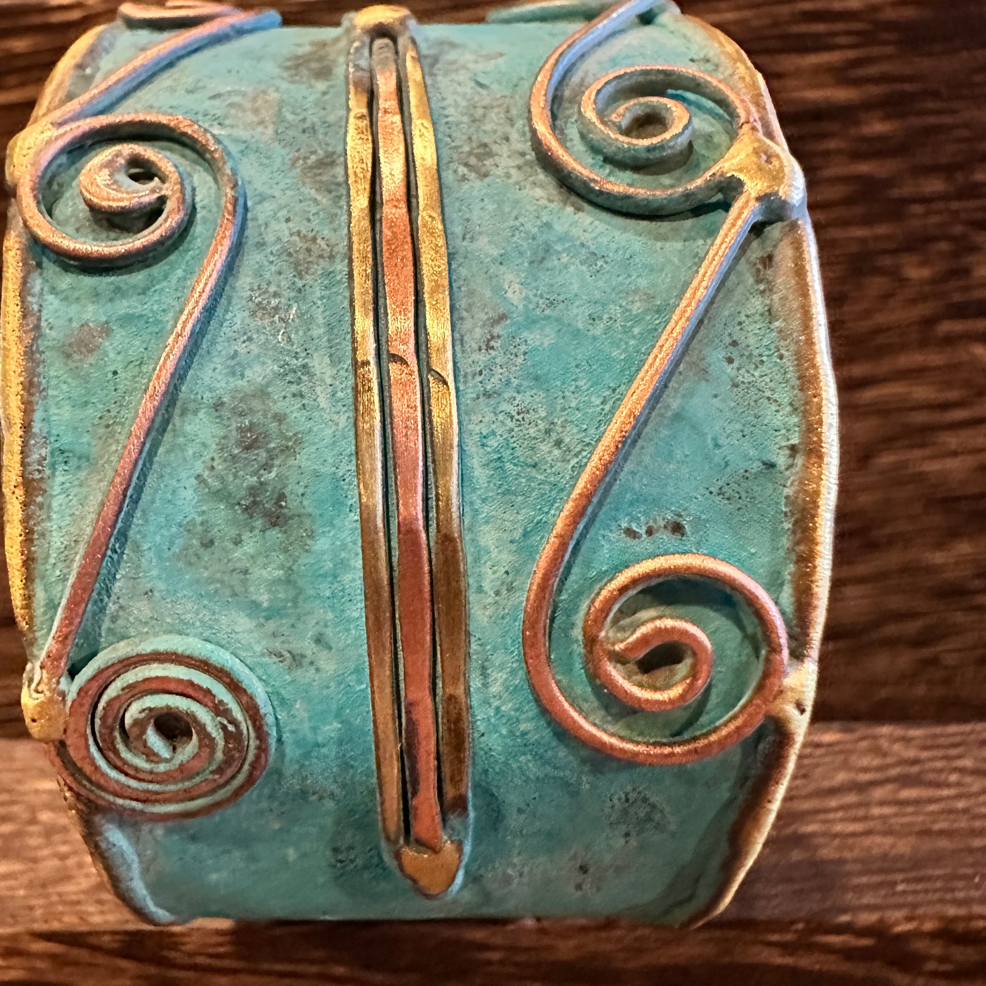 Aqua Patina Swirl Adjustable Cuff Bracelet - Handcrafted 2in Wide Brass, Gift Box Included Silver Elegant