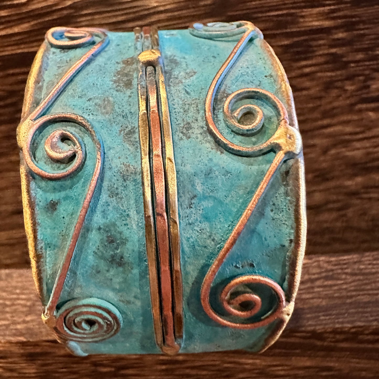 Aqua Patina Swirl Adjustable Cuff Bracelet - Handcrafted 2in Wide Brass, Gift Box Included Silver Elegant