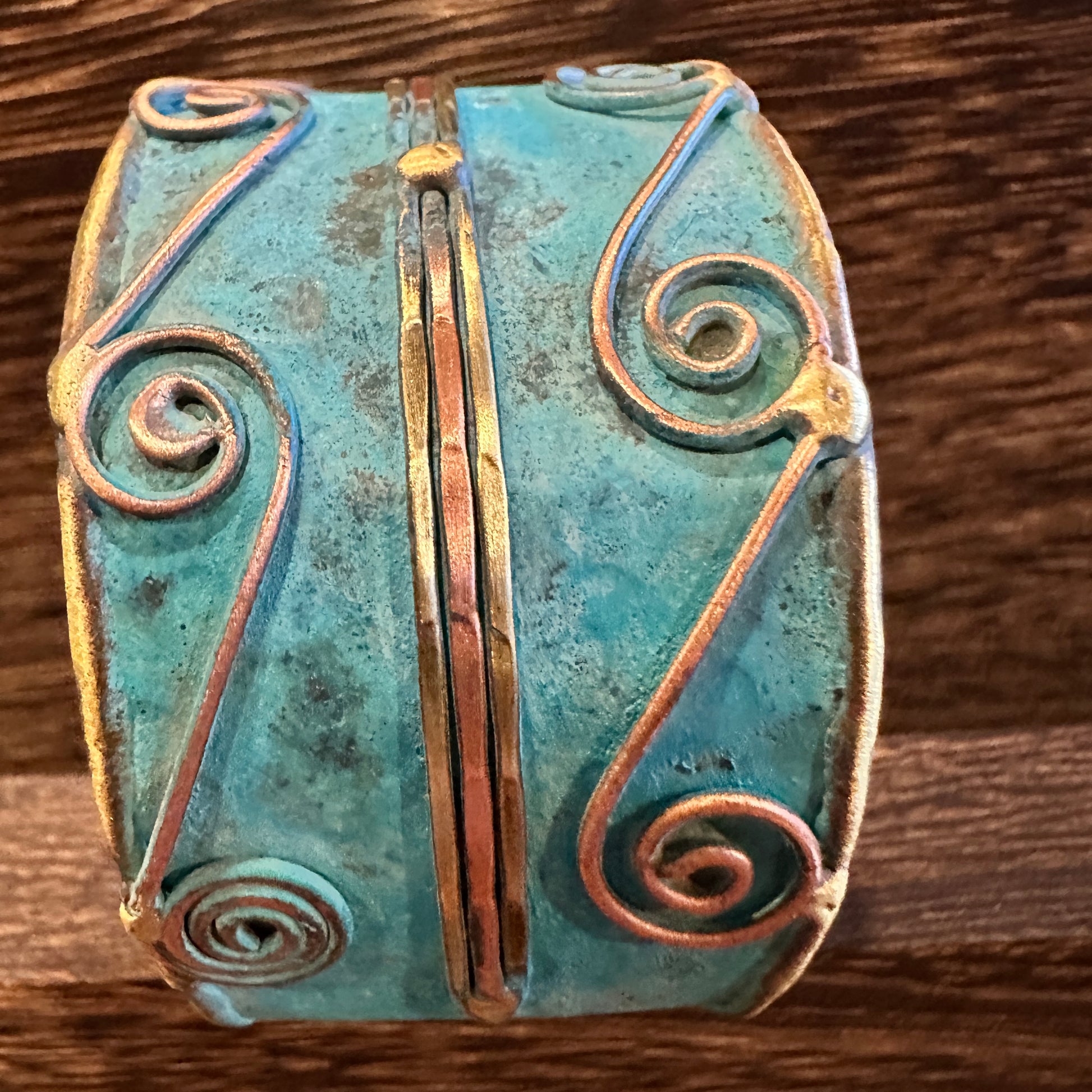 Aqua Patina Swirl Adjustable Cuff Bracelet - Handcrafted 2in Wide Brass, Gift Box Included Silver Elegant