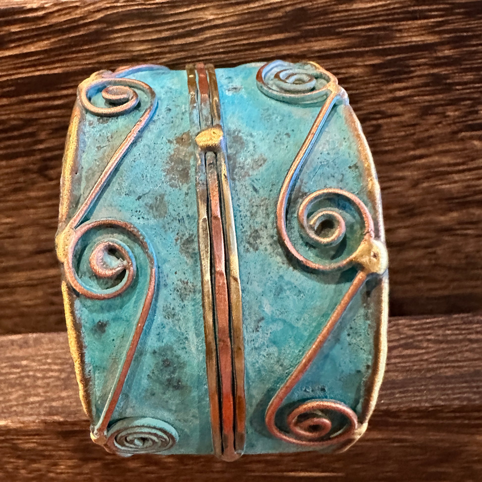 Aqua Patina Swirl Adjustable Cuff Bracelet - Handcrafted 2in Wide Brass, Gift Box Included Silver Elegant