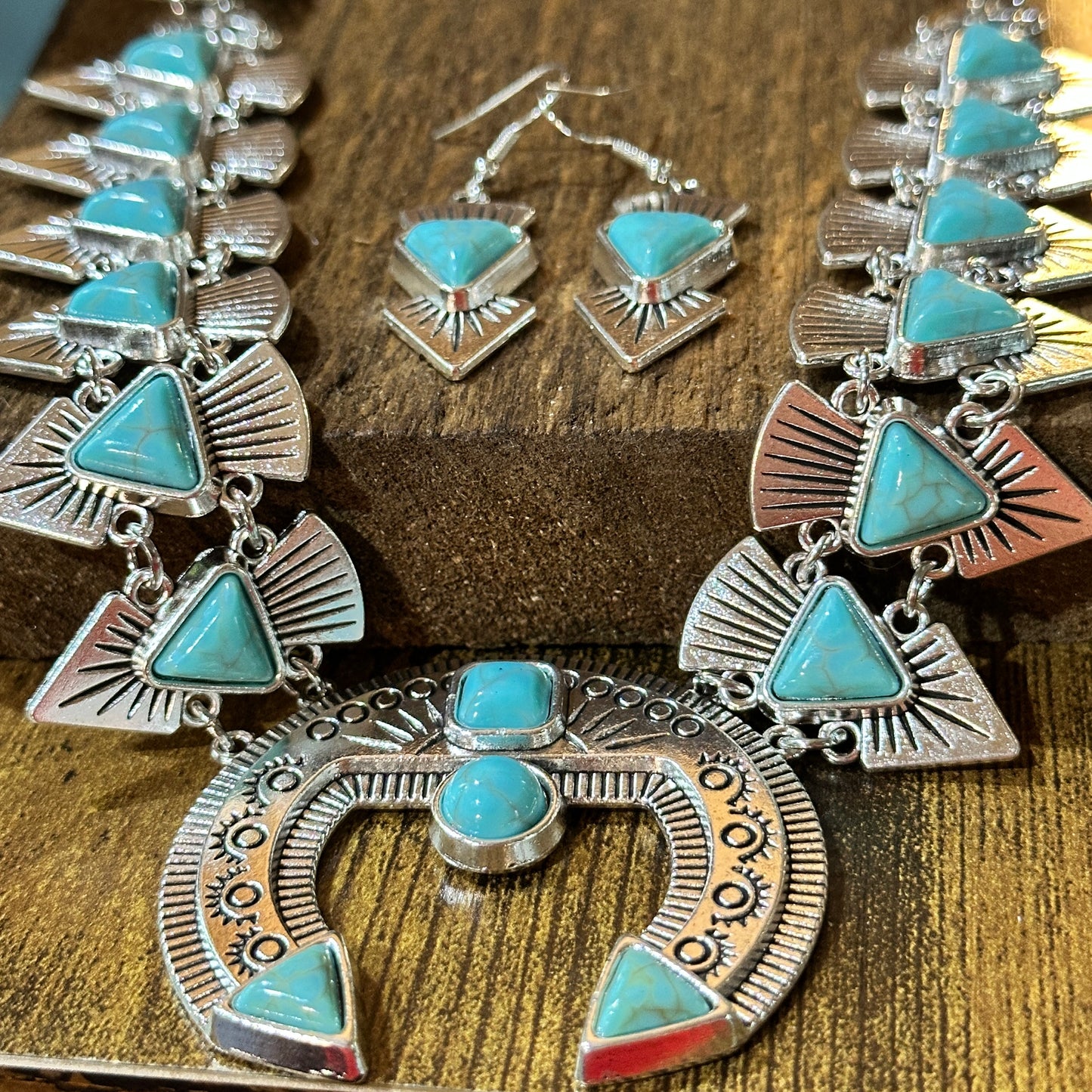 Squash Faux Turquoise Necklace and Earrings Set in Mixed Metals Silver Elegant