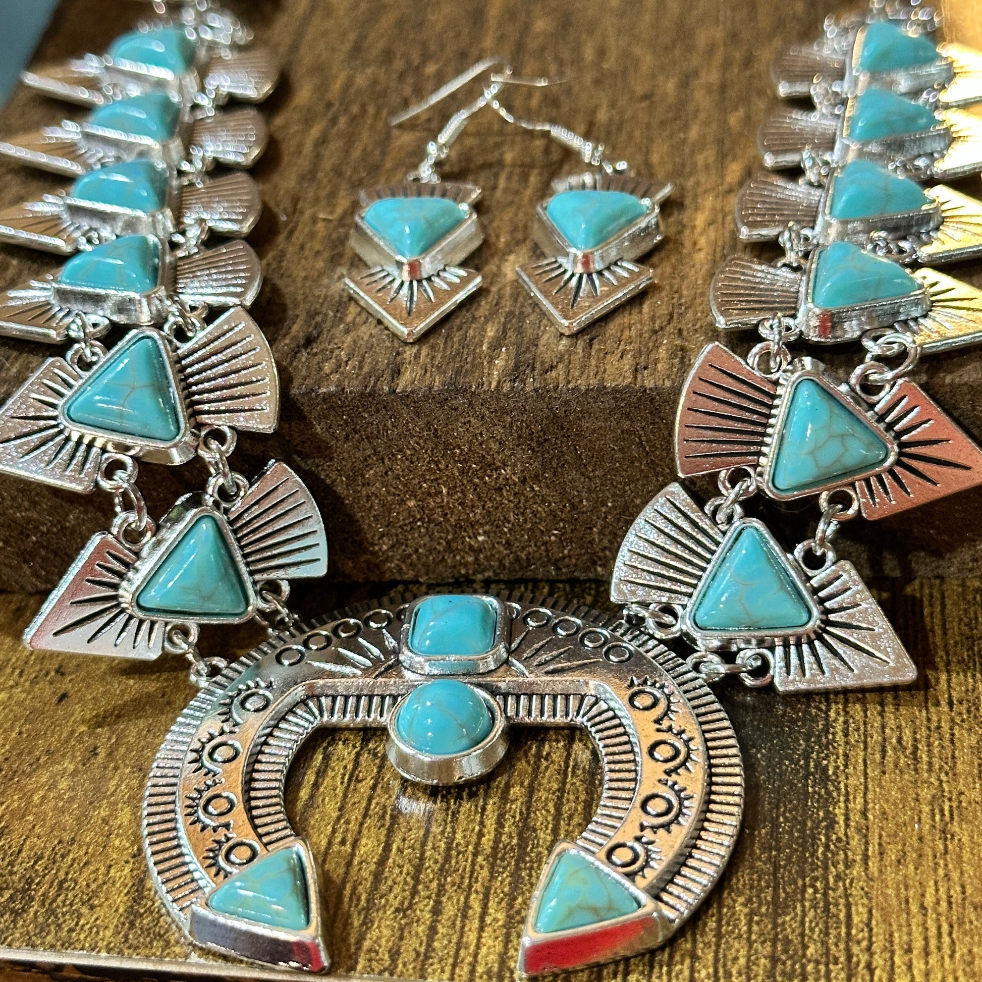 Squash Faux Turquoise Necklace and Earrings Set in Mixed Metals Silver Elegant
