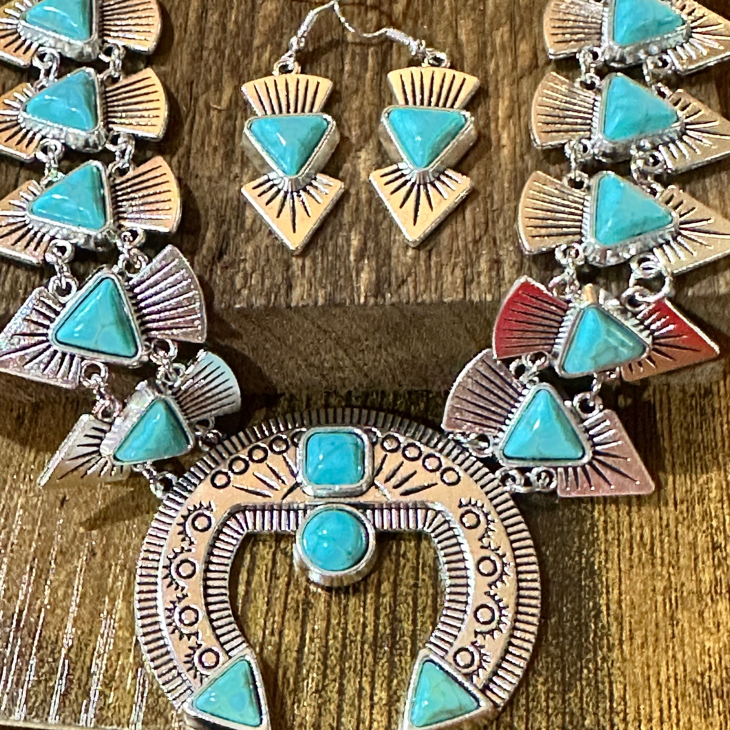 Squash Faux Turquoise Necklace and Earrings Set in Mixed Metals Silver Elegant