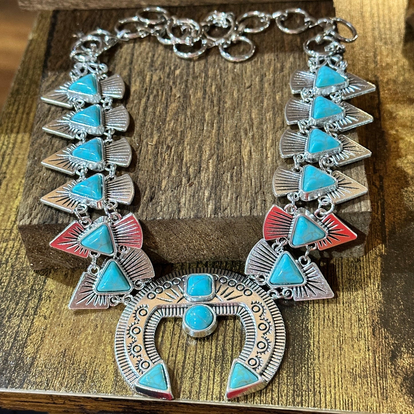 Squash Faux Turquoise Necklace and Earrings Set in Mixed Metals Silver Elegant