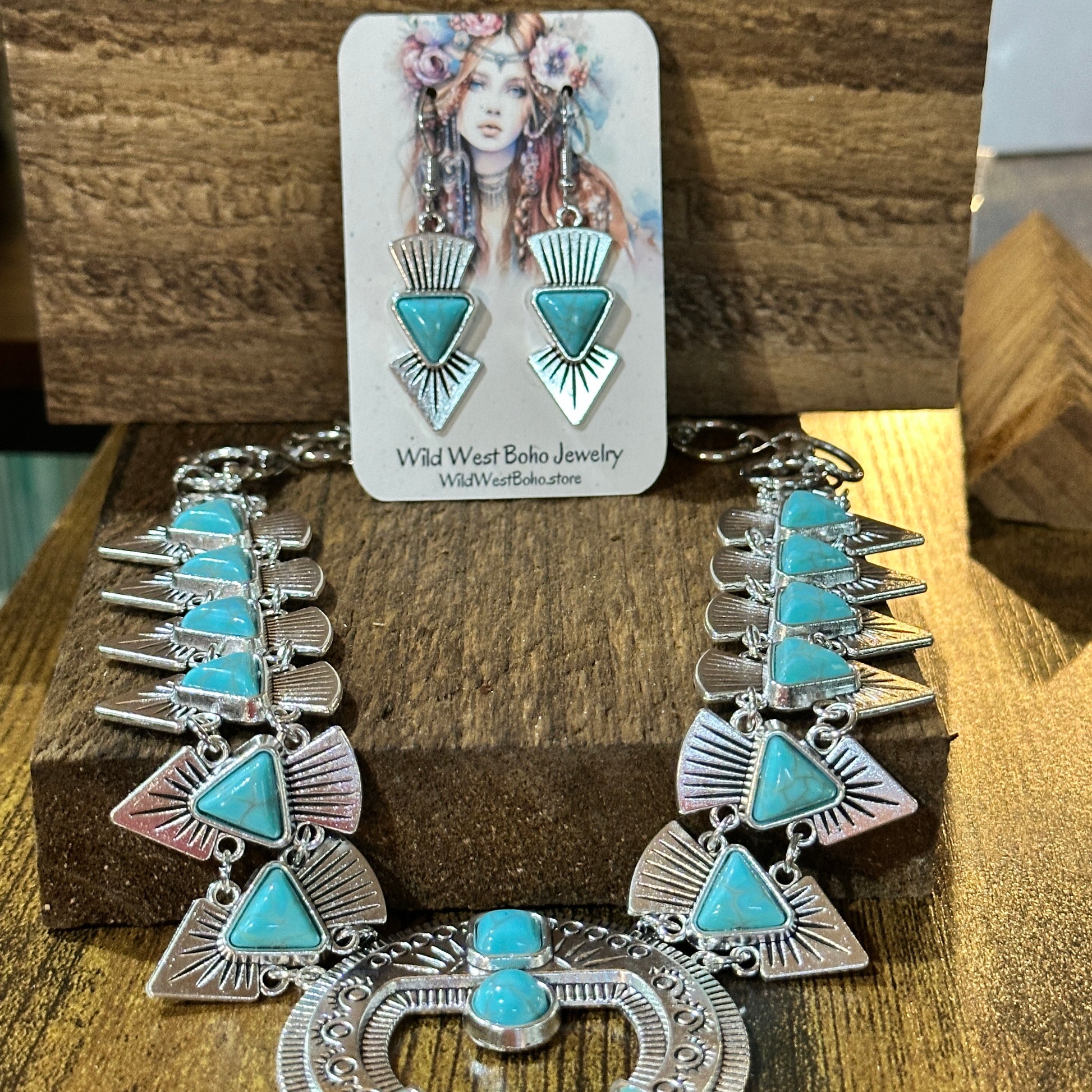 Squash Faux Turquoise Necklace and Earrings Set in Mixed Metals Silver Elegant
