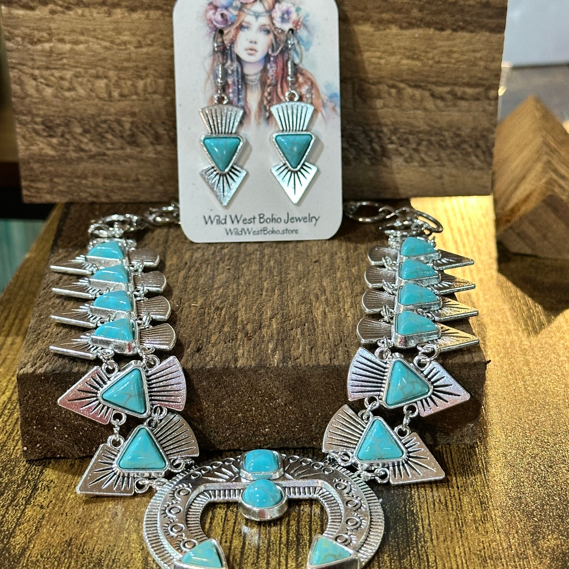 Squash Faux Turquoise Necklace and Earrings Set in Mixed Metals Silver Elegant